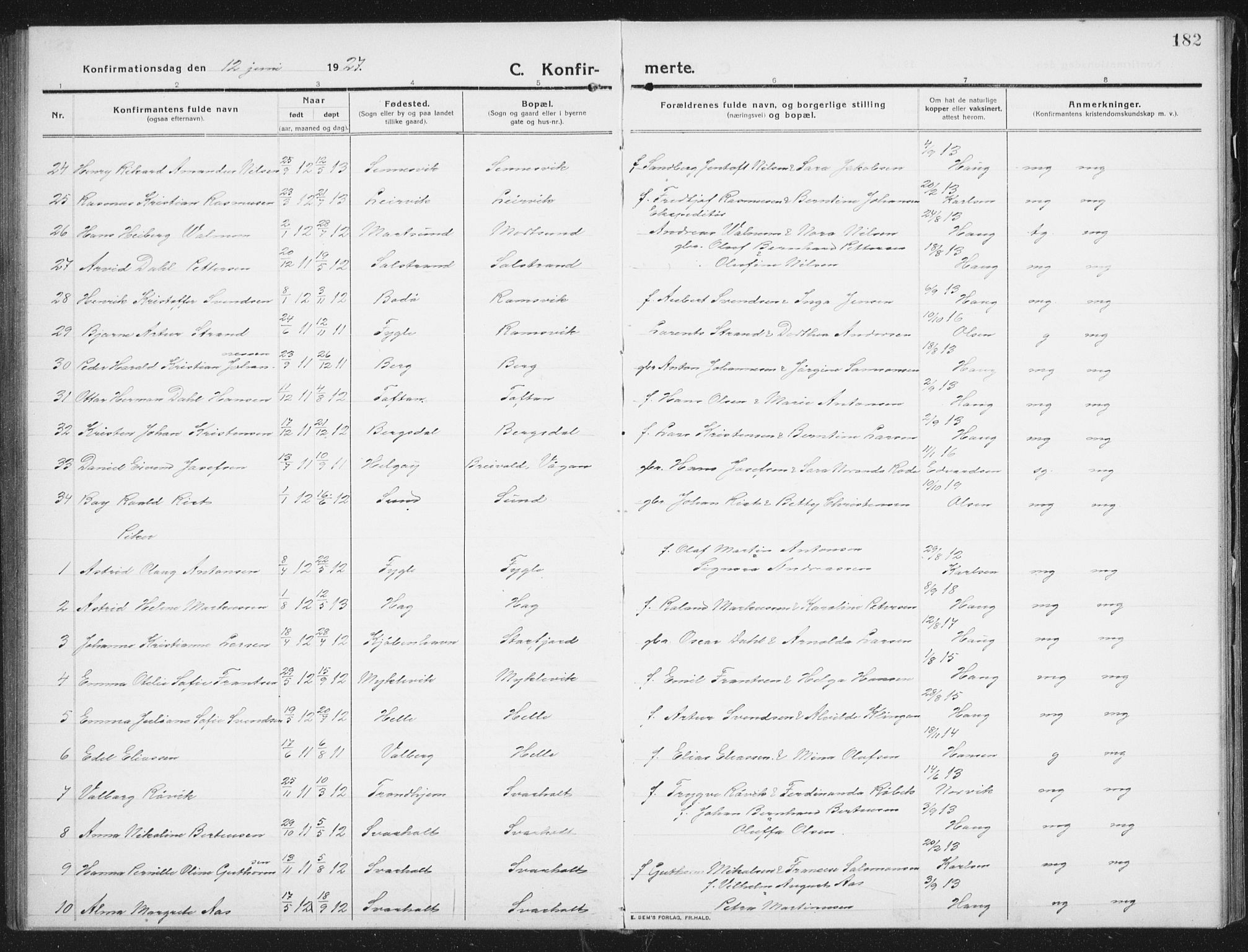 Ministerialprotokoller, klokkerbøker og fødselsregistre - Nordland, AV/SAT-A-1459/882/L1183: Parish register (copy) no. 882C01, 1911-1938, p. 182