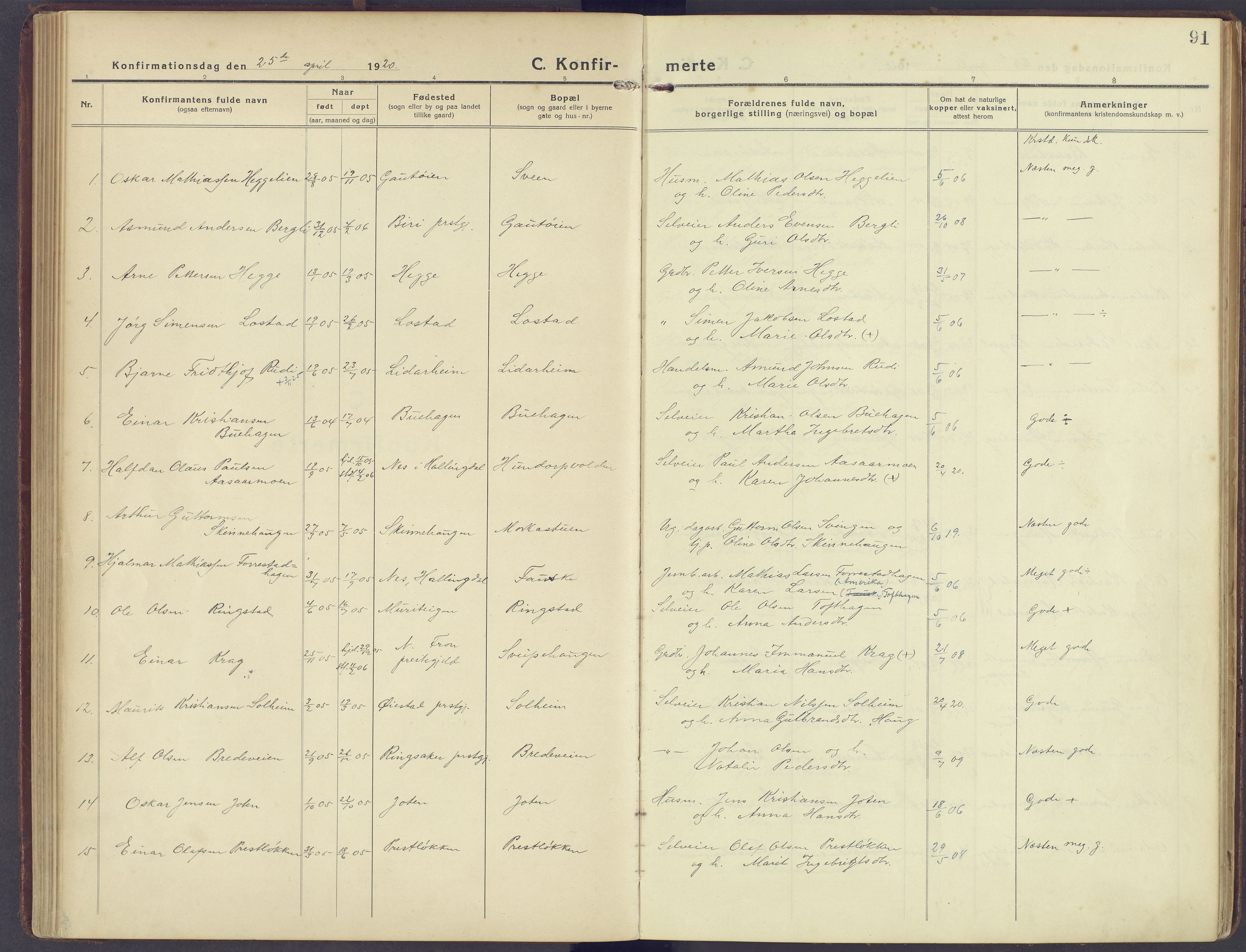 Sør-Fron prestekontor, AV/SAH-PREST-010/H/Ha/Haa/L0005: Parish register (official) no. 5, 1920-1933, p. 91