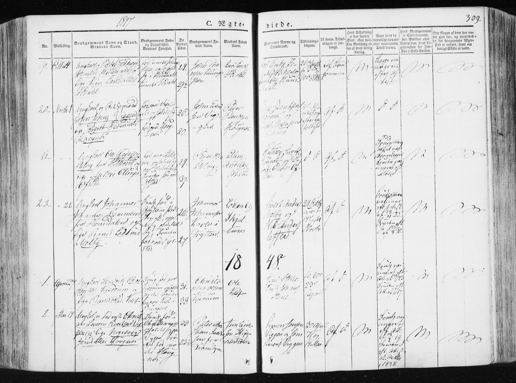 Ministerialprotokoller, klokkerbøker og fødselsregistre - Sør-Trøndelag, SAT/A-1456/665/L0771: Parish register (official) no. 665A06, 1830-1856, p. 309