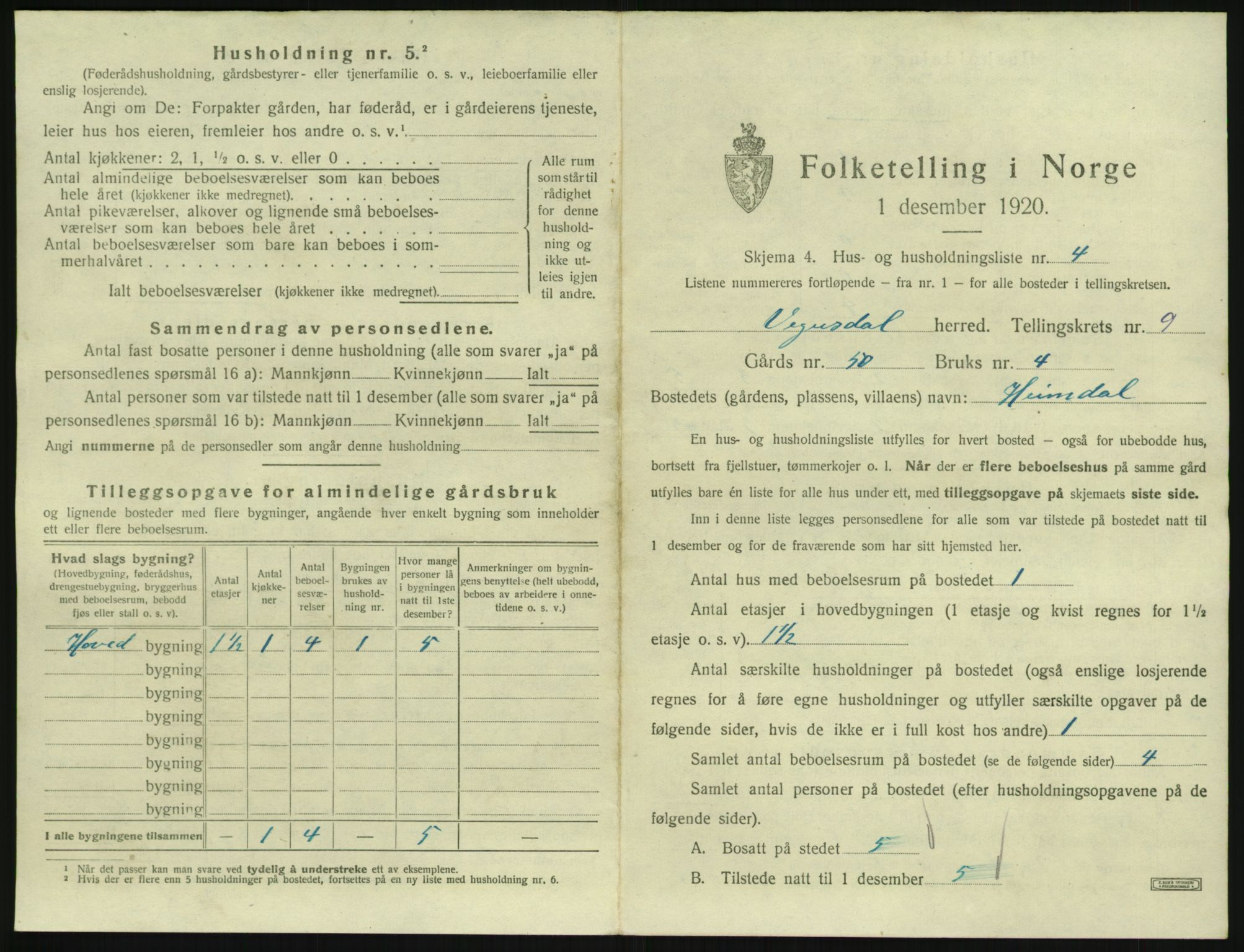 SAK, 1920 census for Vegusdal, 1920, p. 329