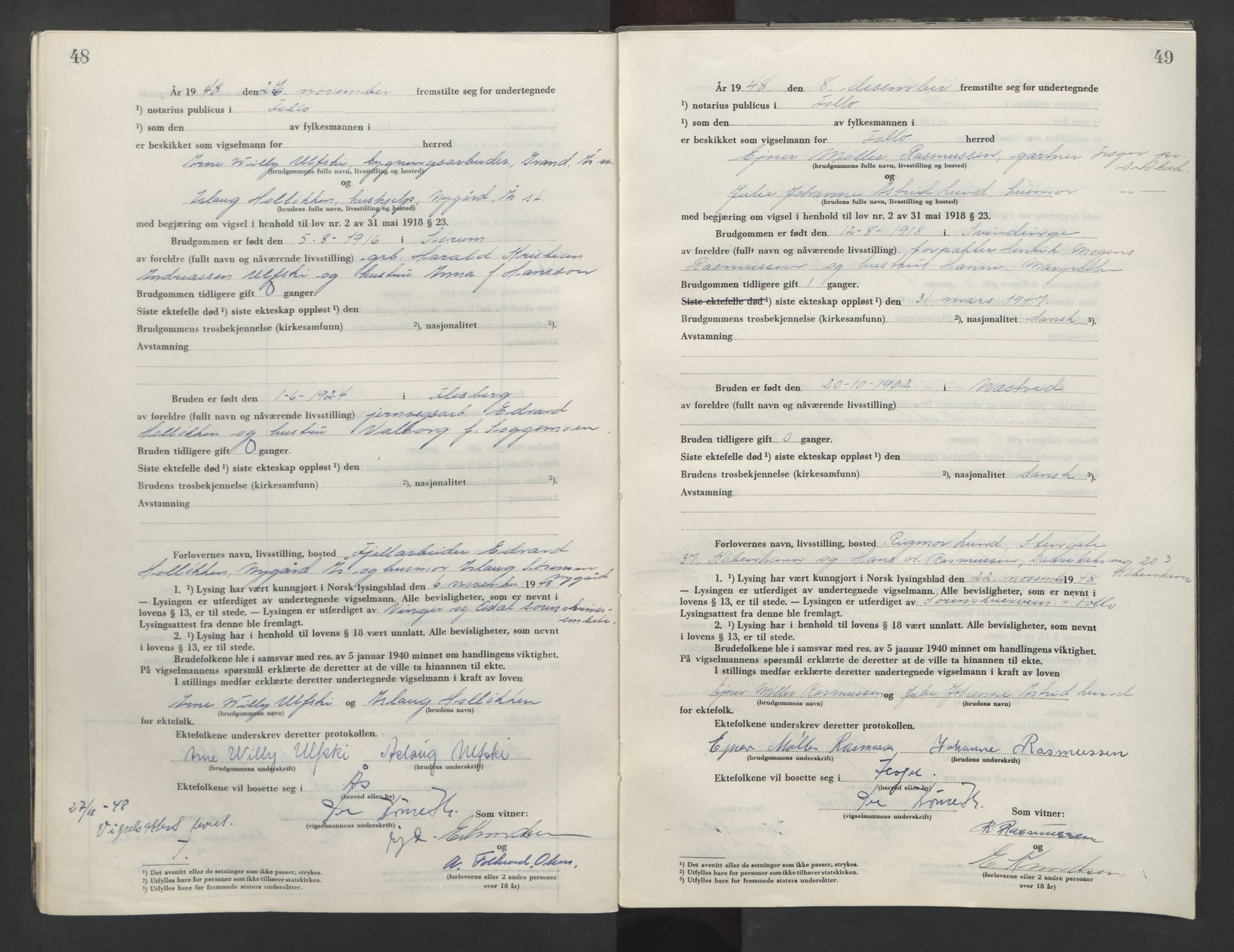 Follo sorenskriveri, AV/SAO-A-10274/L/La/Lab/L0003: Vigselsbok, 1946-1955, p. 48-49