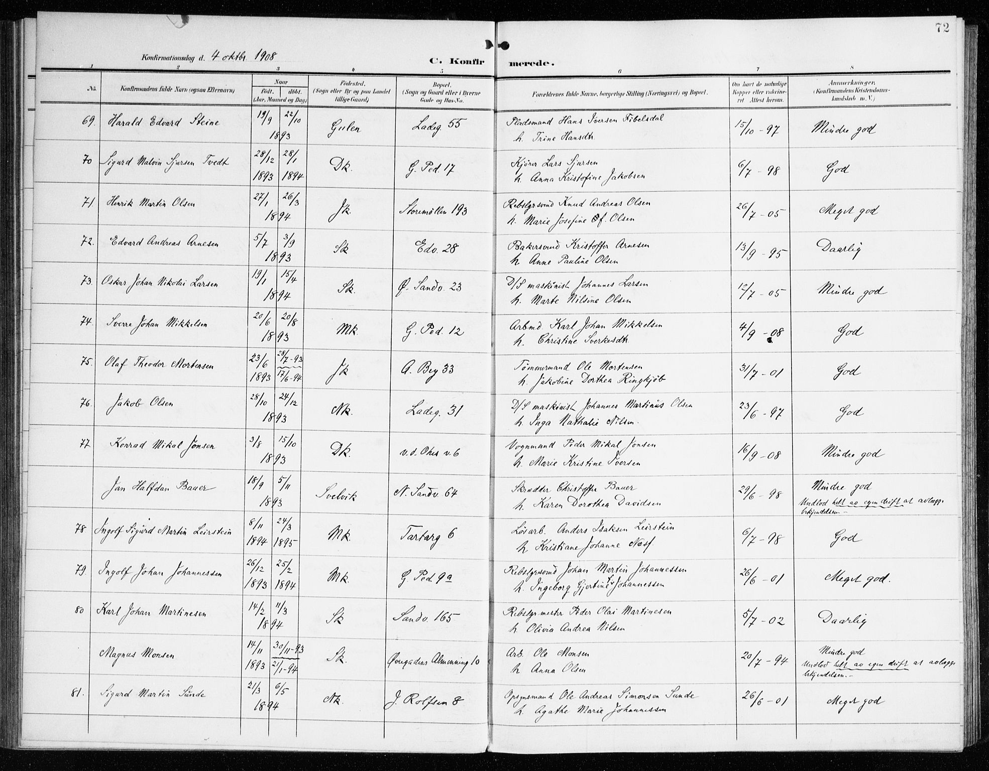 Sandviken Sokneprestembete, SAB/A-77601/H/Ha/L0011: Parish register (official) no. C 2, 1905-1918, p. 72