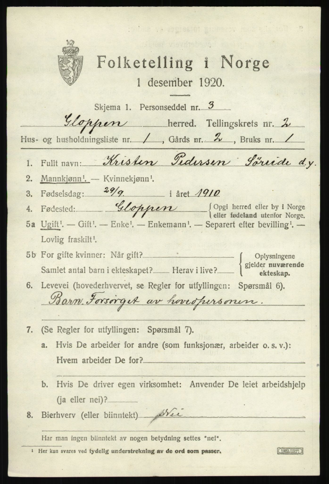 SAB, 1920 census for Gloppen, 1920, p. 1236