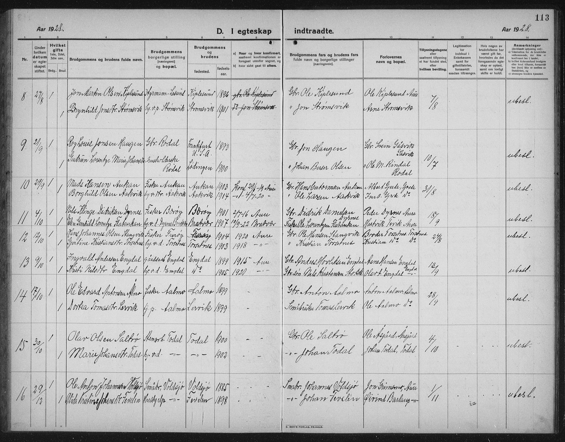 Ministerialprotokoller, klokkerbøker og fødselsregistre - Møre og Romsdal, AV/SAT-A-1454/578/L0911: Parish register (copy) no. 578C04, 1921-1940, p. 113