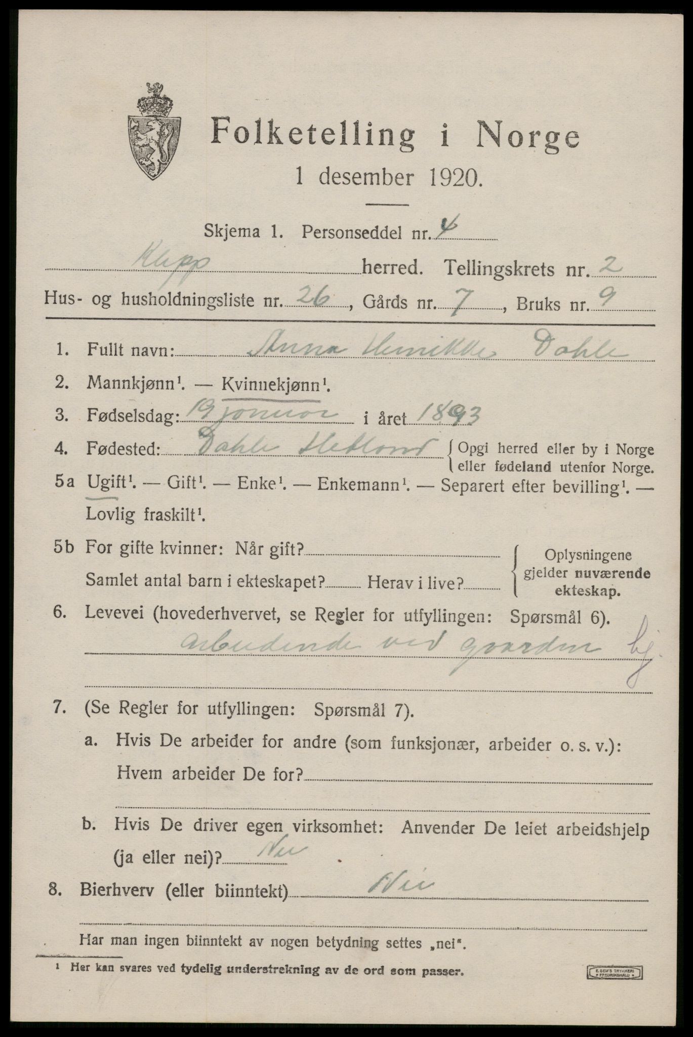 SAST, 1920 census for Klepp, 1920, p. 2910