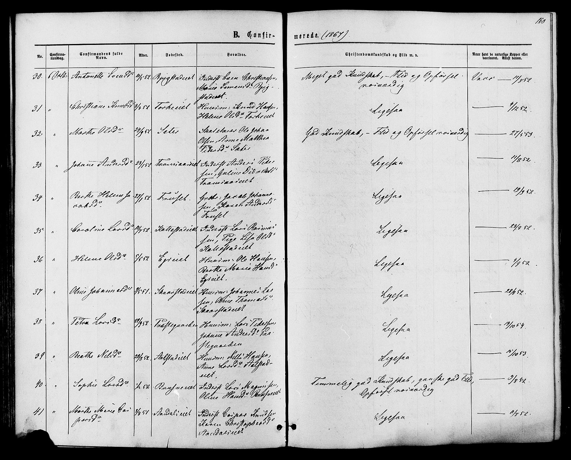 Vardal prestekontor, SAH/PREST-100/H/Ha/Haa/L0007: Parish register (official) no. 7, 1867-1878, p. 160
