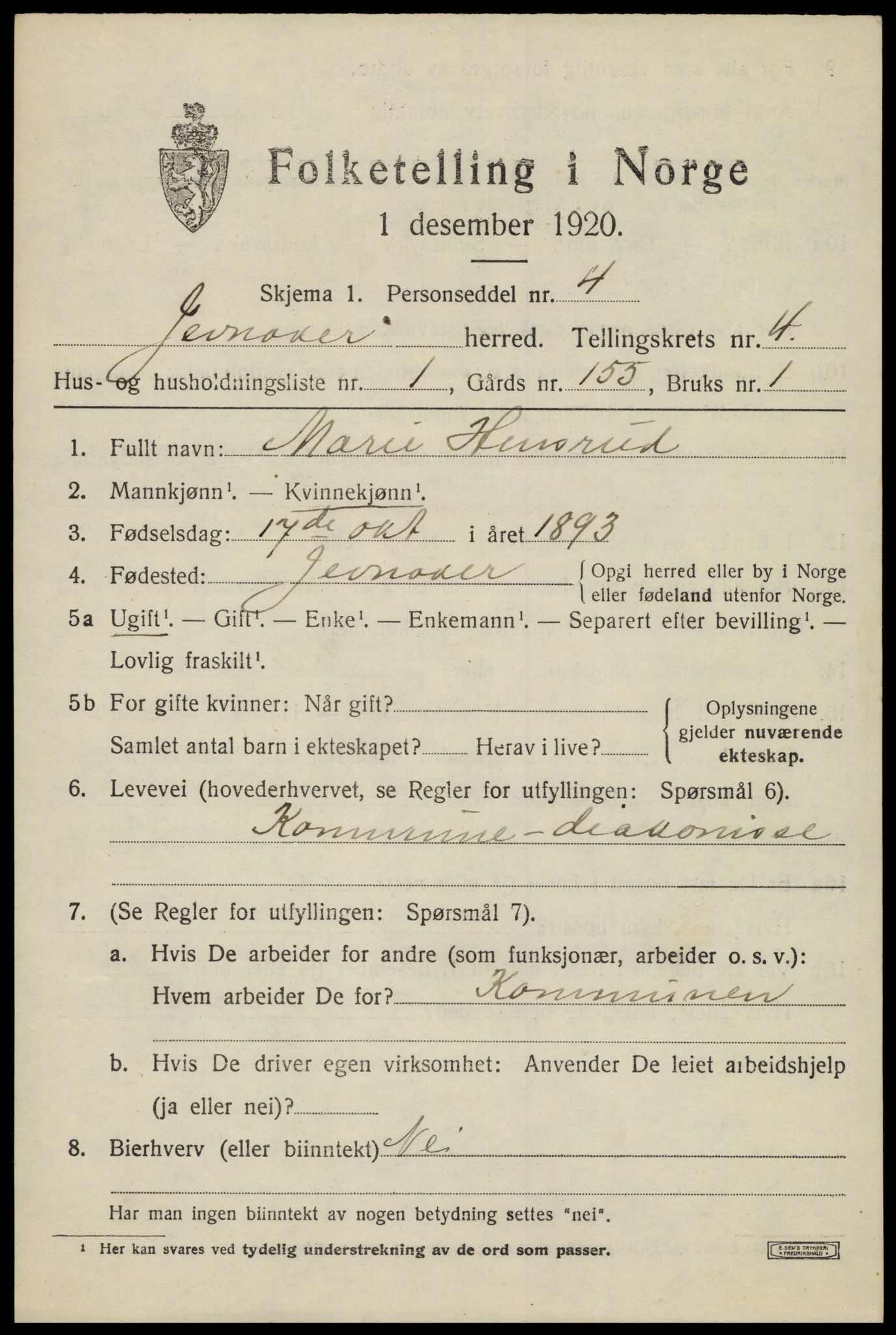 SAH, 1920 census for Jevnaker, 1920, p. 6393