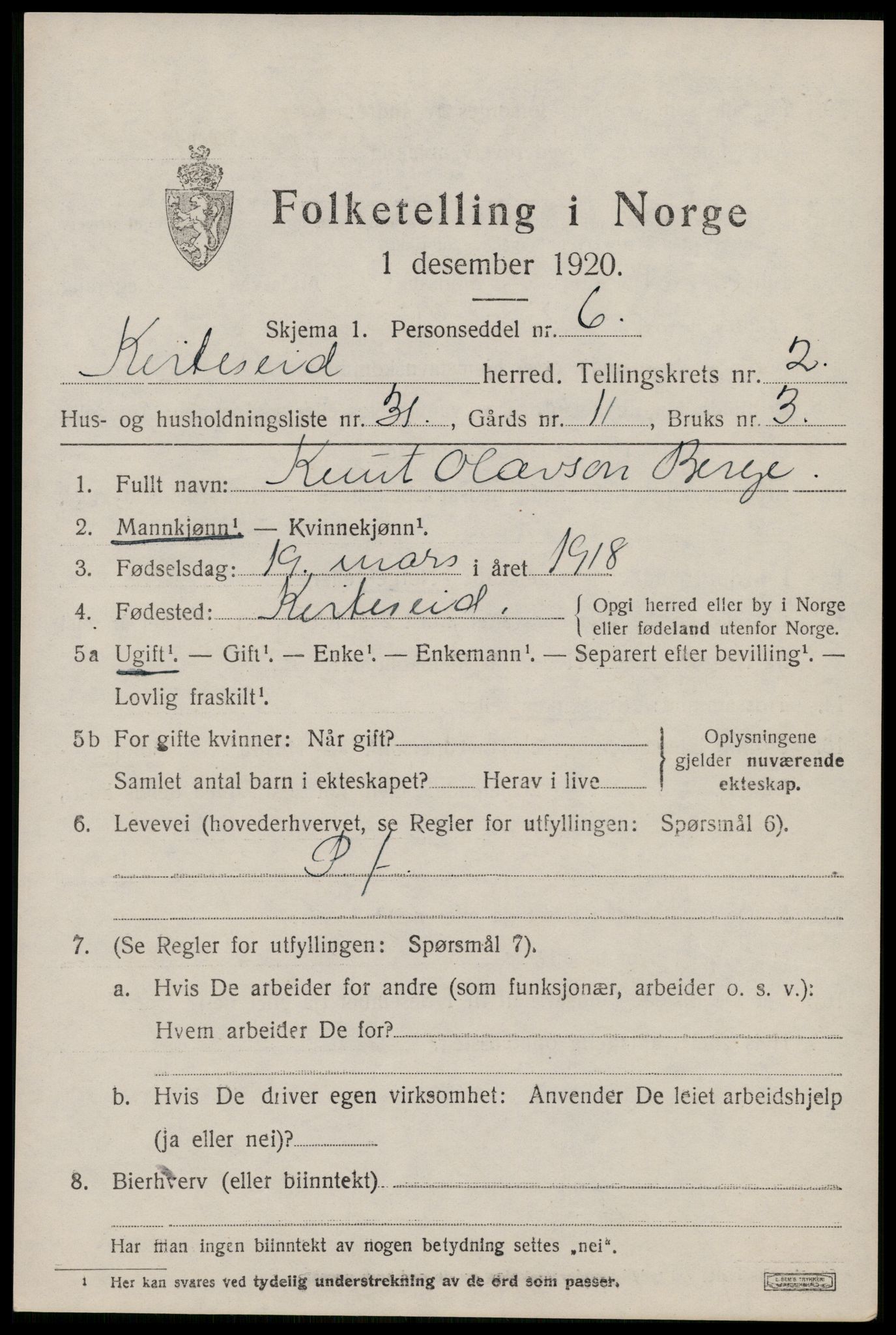 SAKO, 1920 census for Kviteseid, 1920, p. 2379