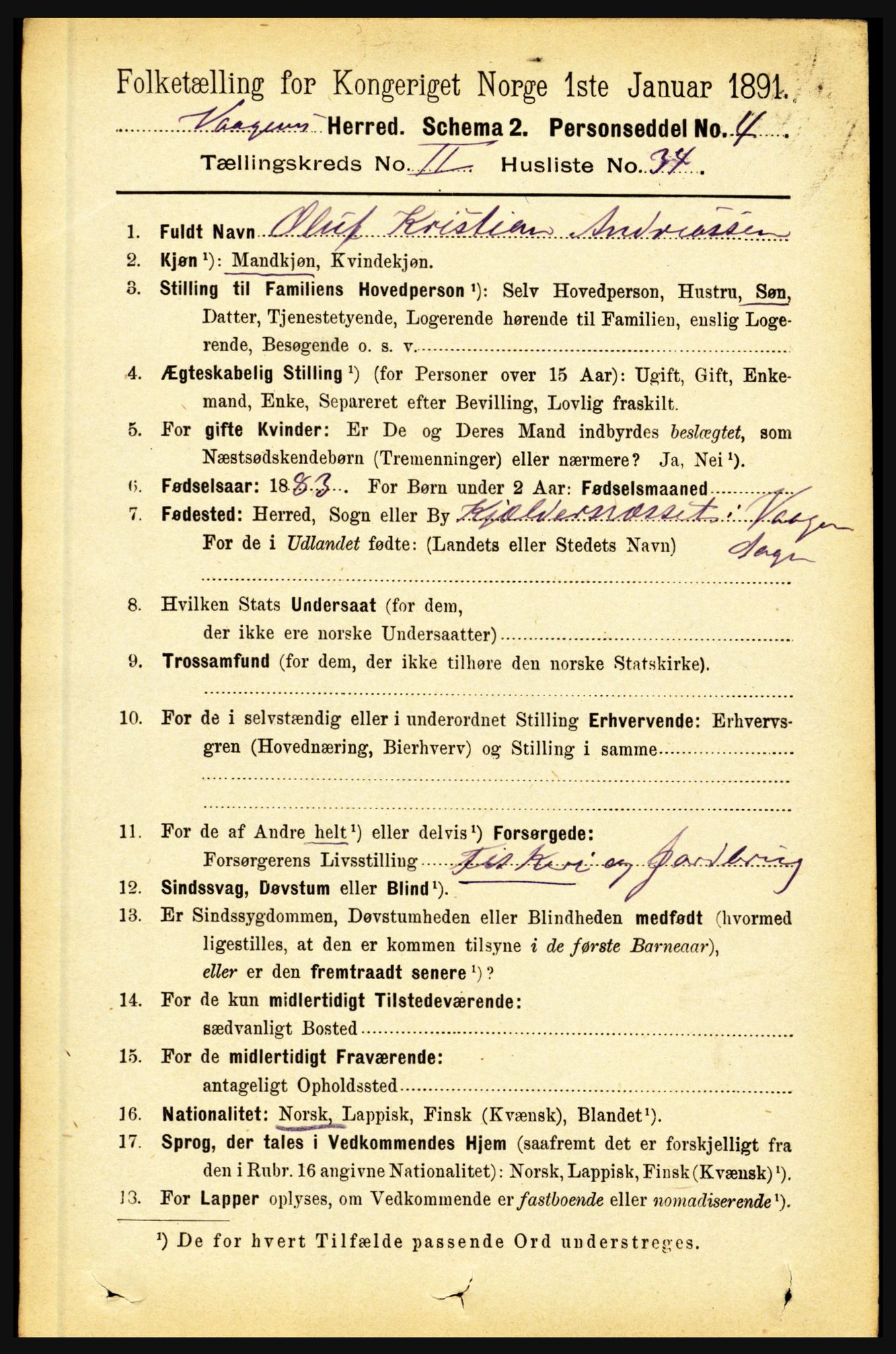 RA, 1891 census for 1865 Vågan, 1891, p. 648