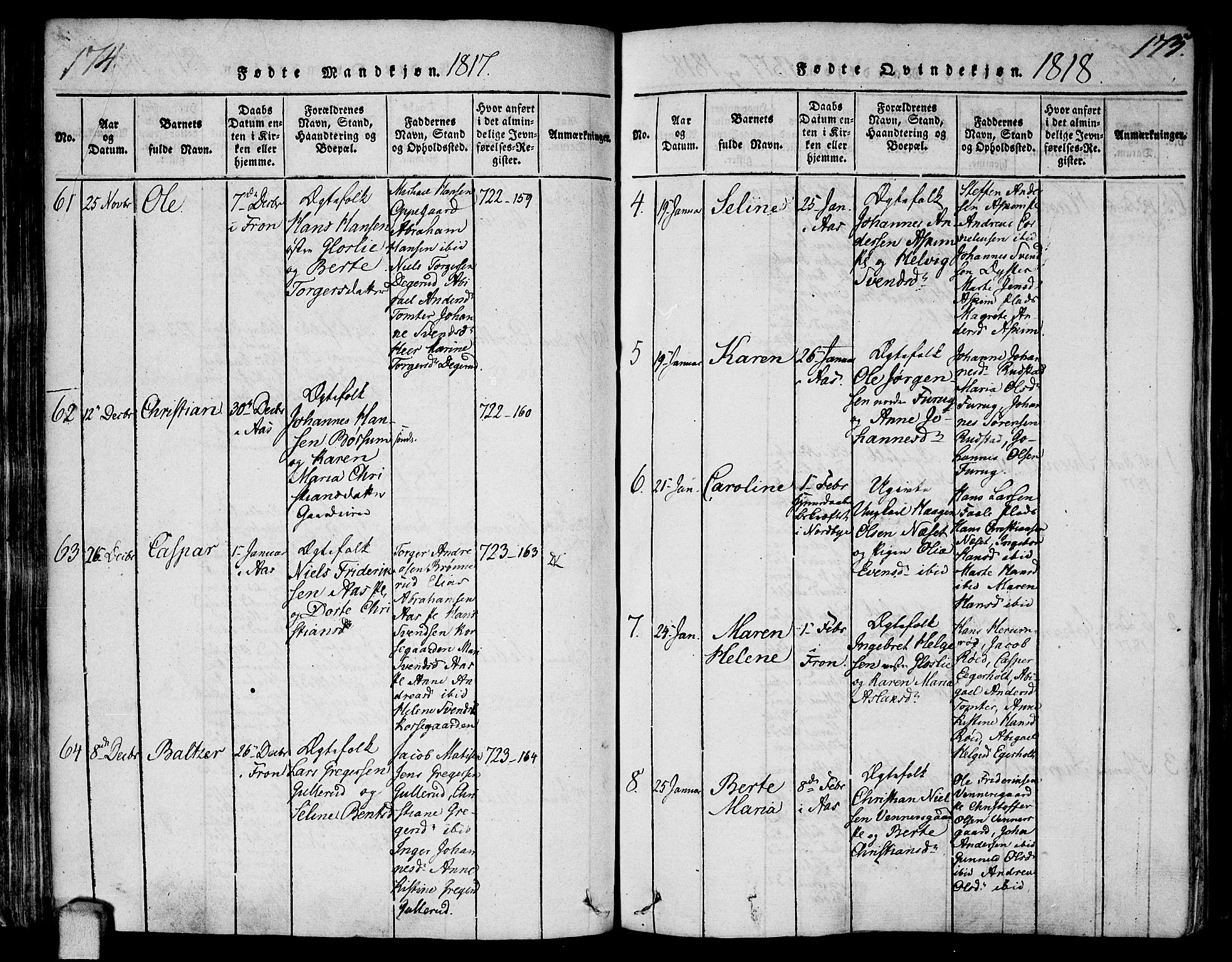 Ås prestekontor Kirkebøker, SAO/A-10894/F/Fa/L0003: Parish register (official) no. I 3, 1814-1818, p. 174-175