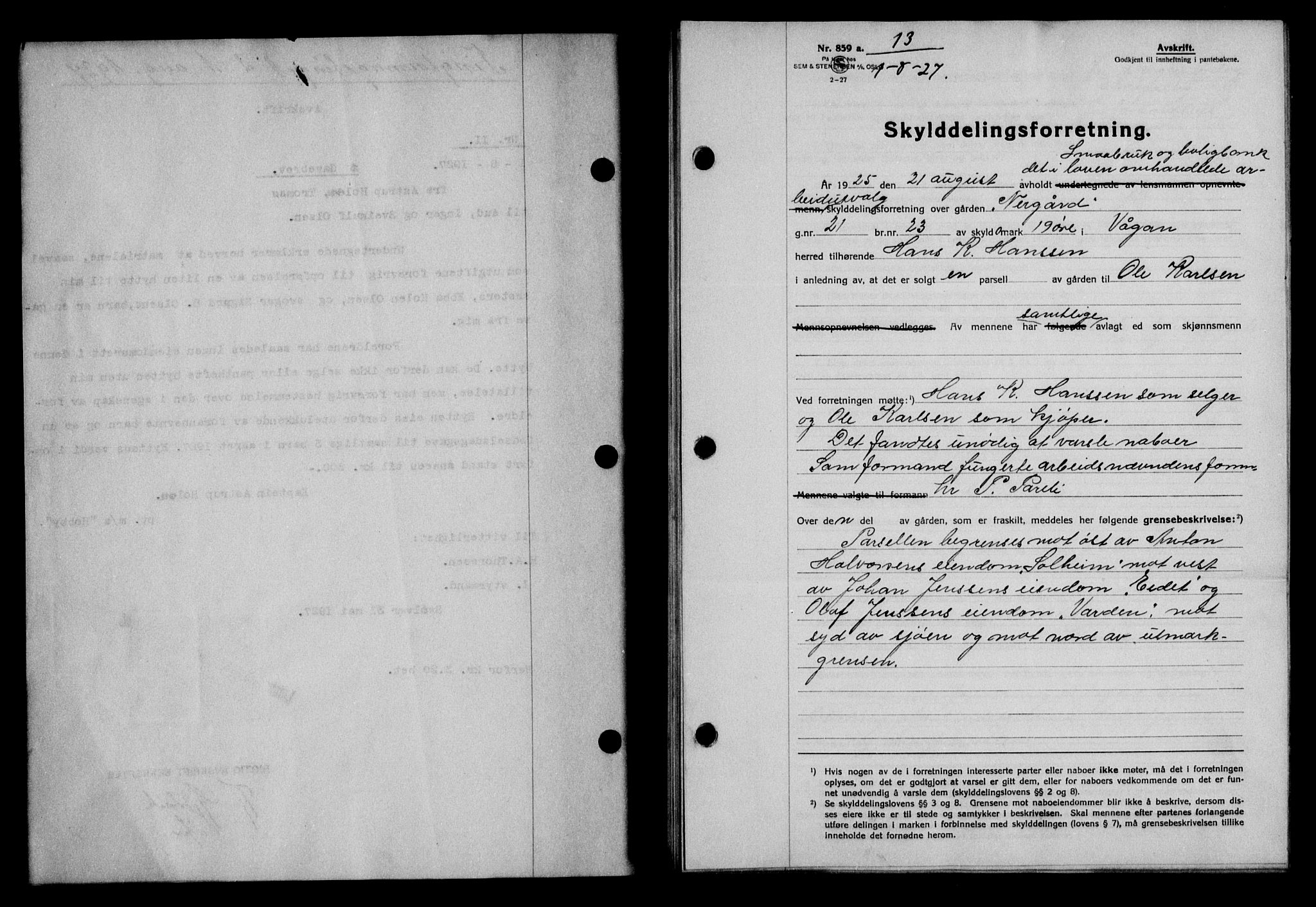 Lofoten sorenskriveri, AV/SAT-A-0017/1/2/2C/L0016b: Mortgage book no. 16b, 1927-1927, Deed date: 01.08.1927