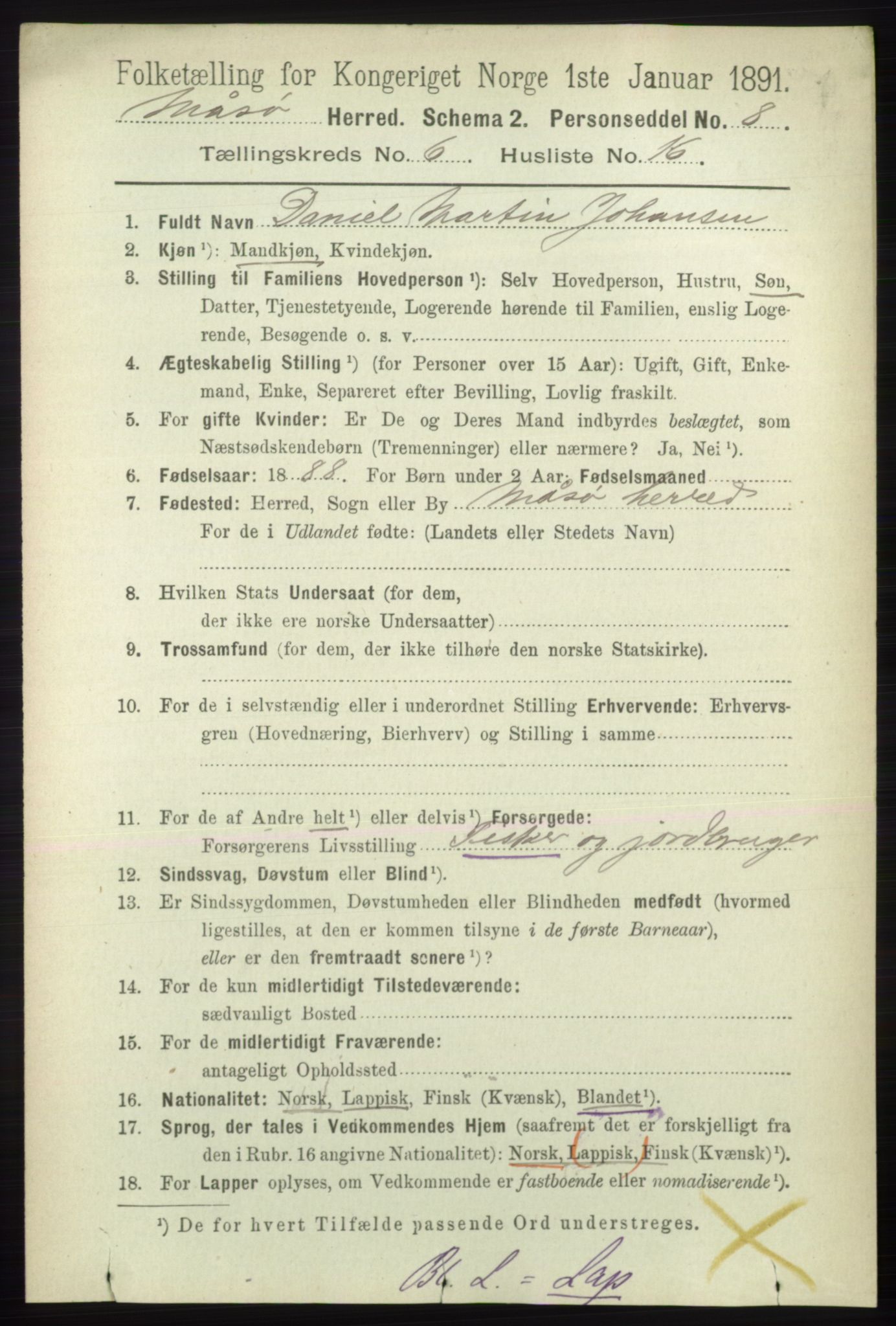 RA, 1891 census for 2018 Måsøy, 1891, p. 1225