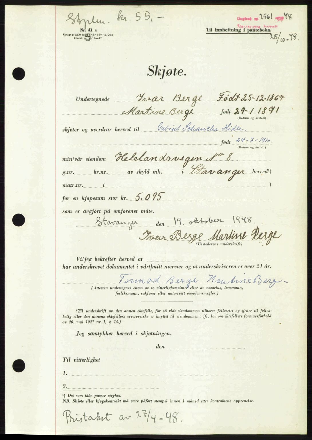 Stavanger byrett, SAST/A-100455/002/G/Gb/L0023: Mortgage book no. A12, 1948-1949, Diary no: : 2561/1948