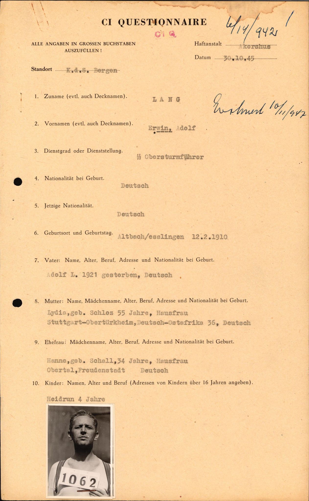 Forsvaret, Forsvarets overkommando II, AV/RA-RAFA-3915/D/Db/L0019: CI Questionaires. Tyske okkupasjonsstyrker i Norge. Tyskere., 1945-1946, p. 358