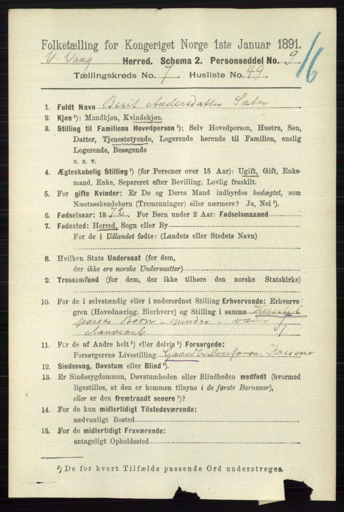 RA, 1891 census for 0545 Vang, 1891, p. 1717