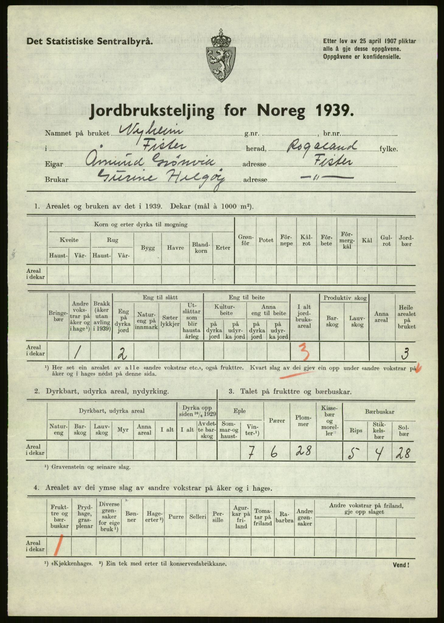 Statistisk sentralbyrå, Næringsøkonomiske emner, Jordbruk, skogbruk, jakt, fiske og fangst, AV/RA-S-2234/G/Gb/L0184: Rogaland: Årdal, Fister og Hjelmeland, 1939, p. 93