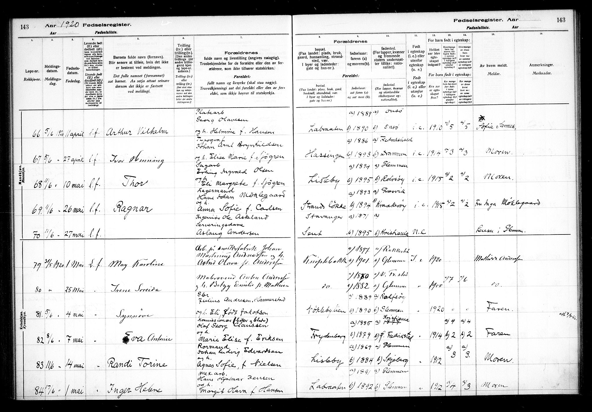 Glemmen prestekontor Kirkebøker, SAO/A-10908/J/Ja/L0001: Birth register no. I 1, 1916-1922, p. 143