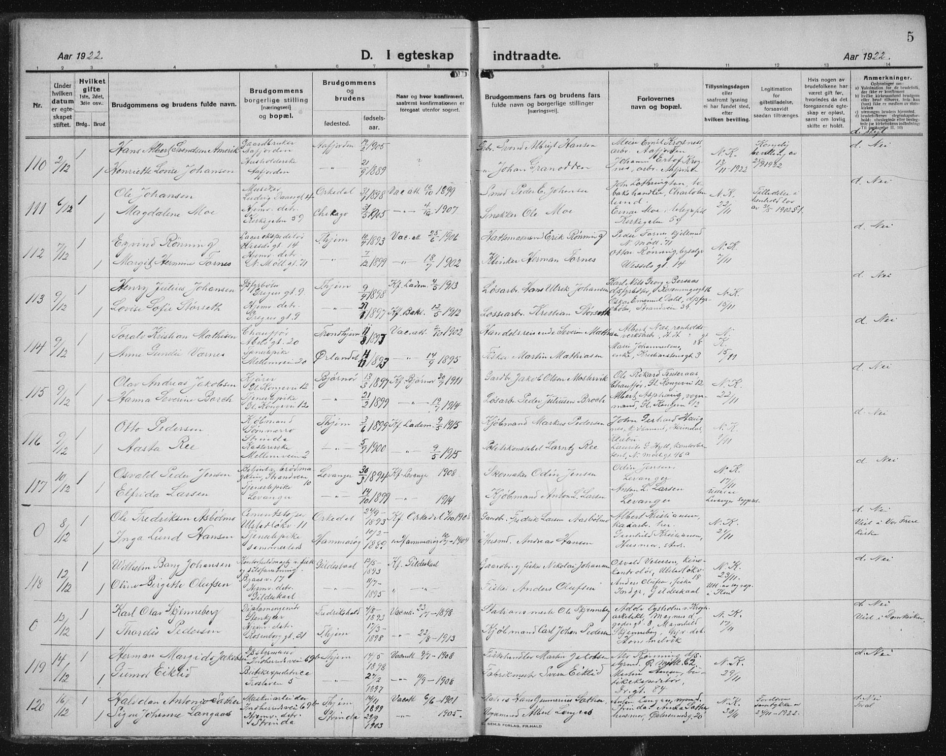 Ministerialprotokoller, klokkerbøker og fødselsregistre - Sør-Trøndelag, SAT/A-1456/605/L0260: Parish register (copy) no. 605C07, 1922-1942, p. 5