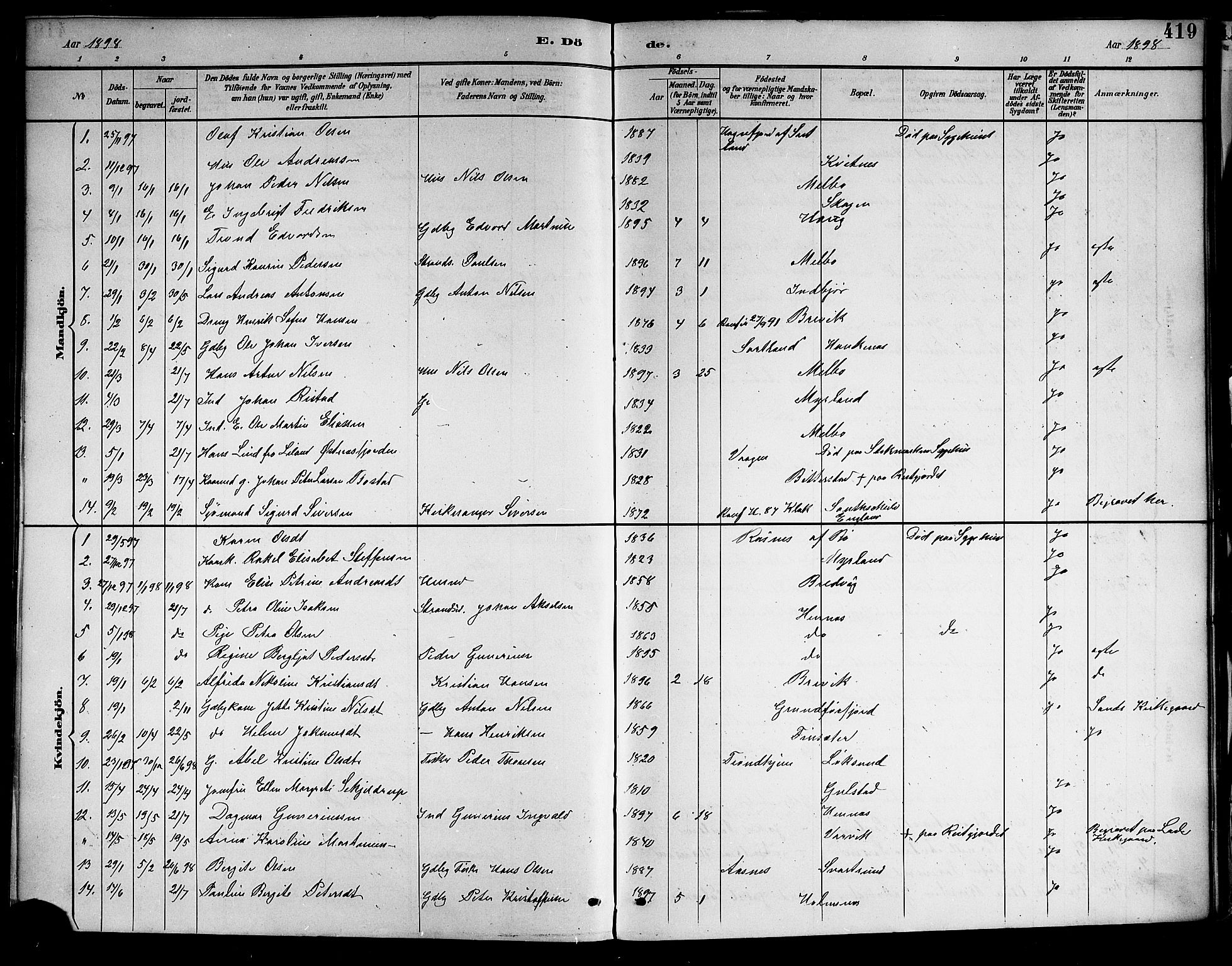 Ministerialprotokoller, klokkerbøker og fødselsregistre - Nordland, SAT/A-1459/888/L1268: Parish register (copy) no. 888C06, 1891-1908, p. 419