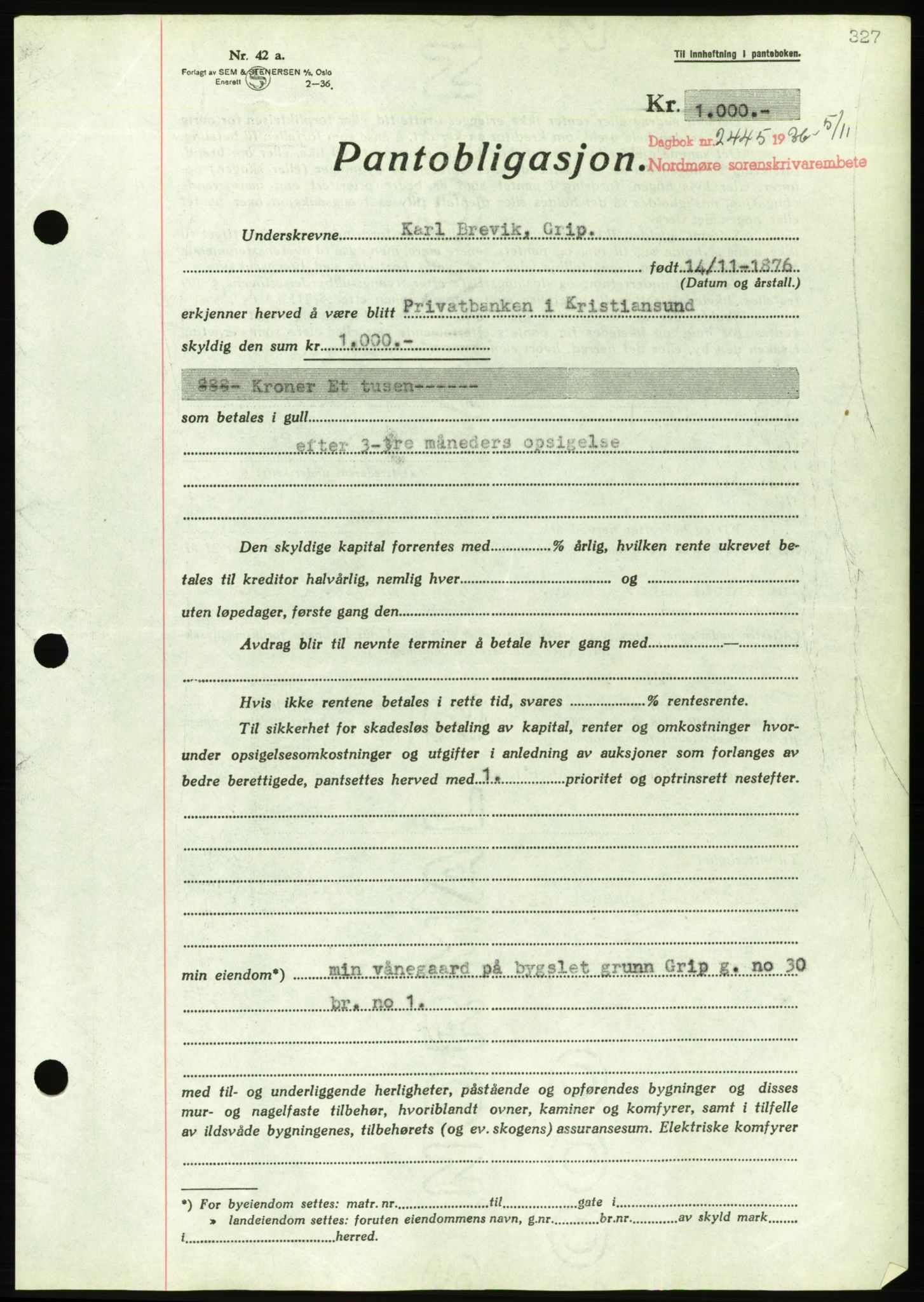 Nordmøre sorenskriveri, AV/SAT-A-4132/1/2/2Ca/L0090: Mortgage book no. B80, 1936-1937, Diary no: : 2445/1936