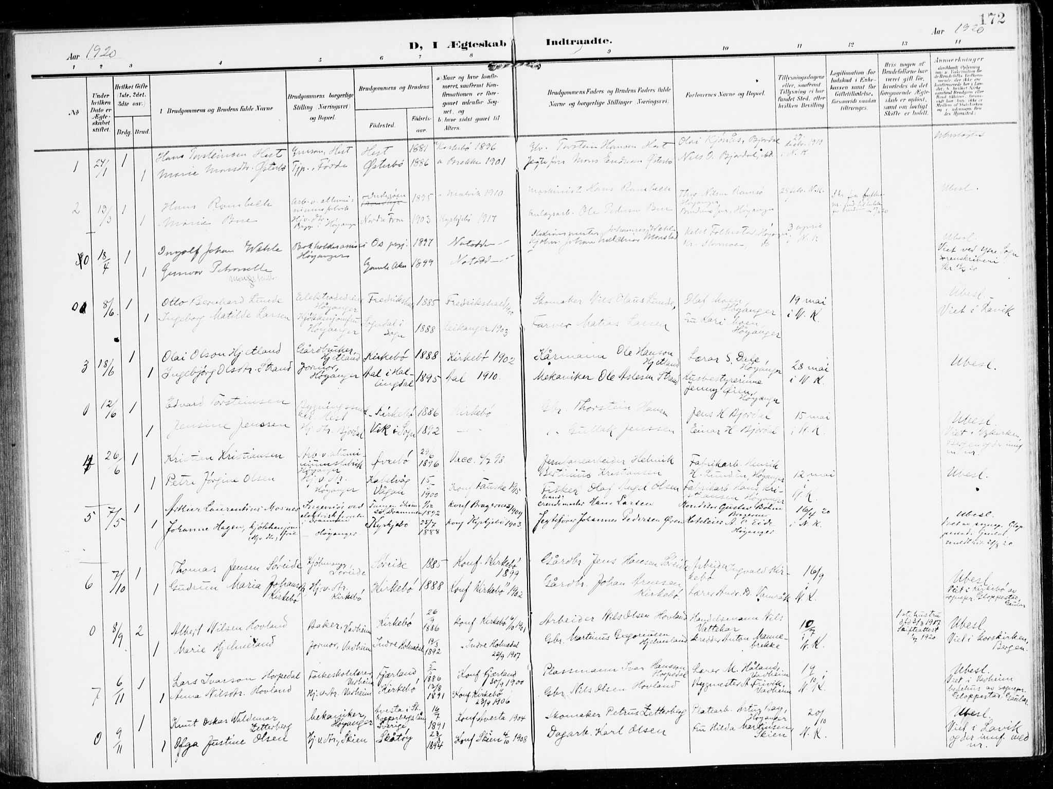 Lavik sokneprestembete, SAB/A-80901: Parish register (official) no. C 2, 1904-1921, p. 172