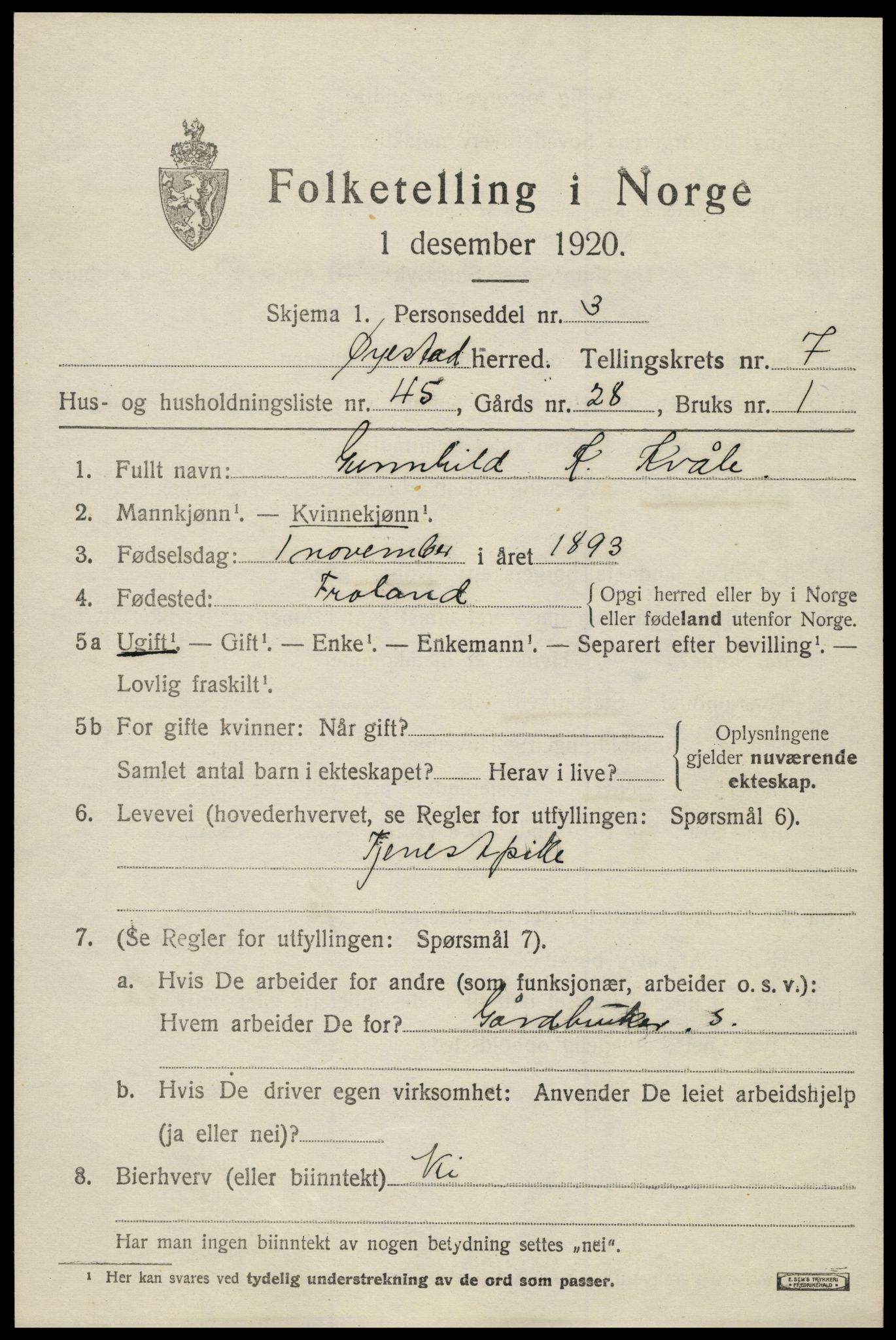 SAK, 1920 census for Øyestad, 1920, p. 5262