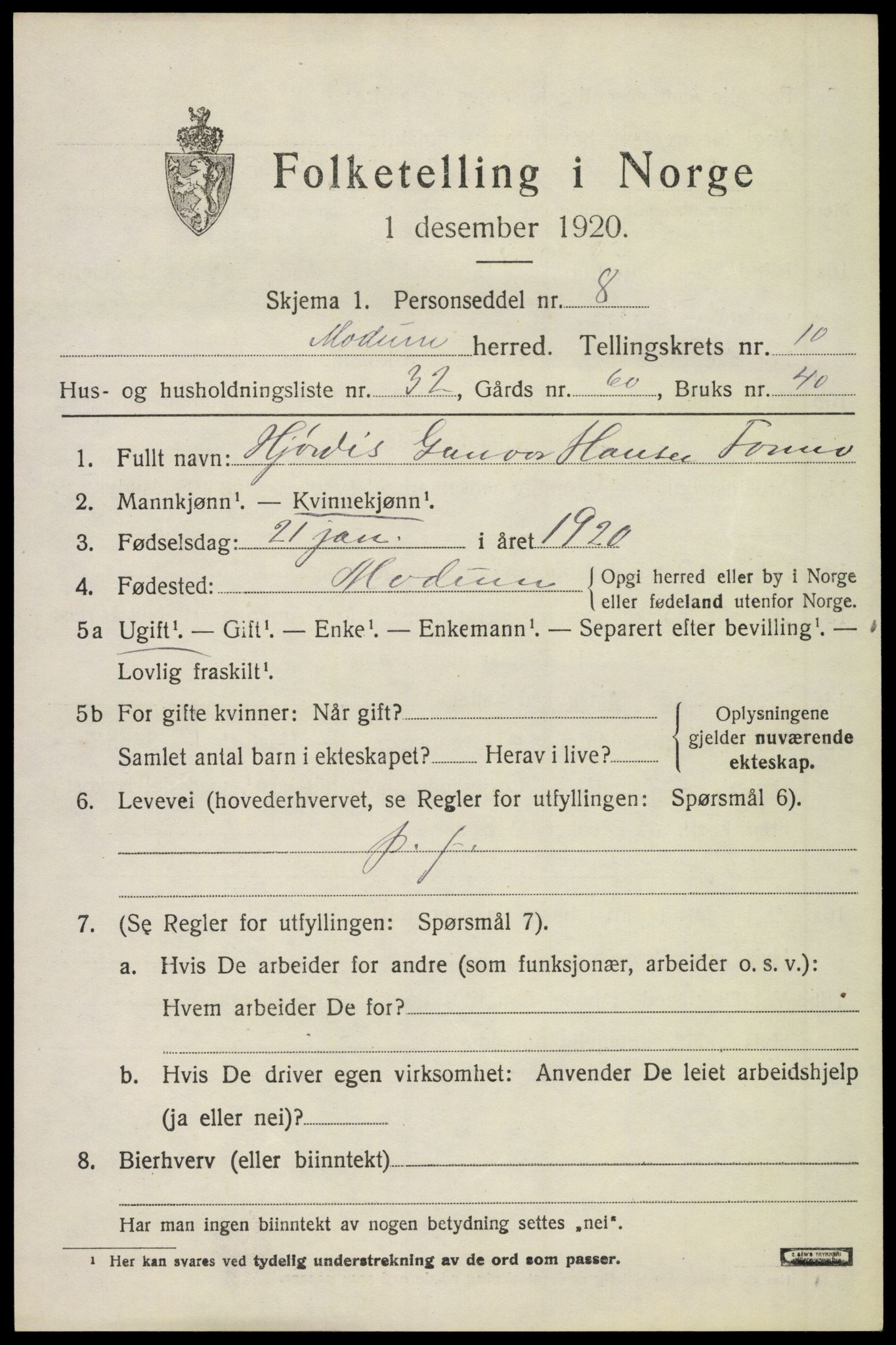 SAKO, 1920 census for Modum, 1920, p. 13293