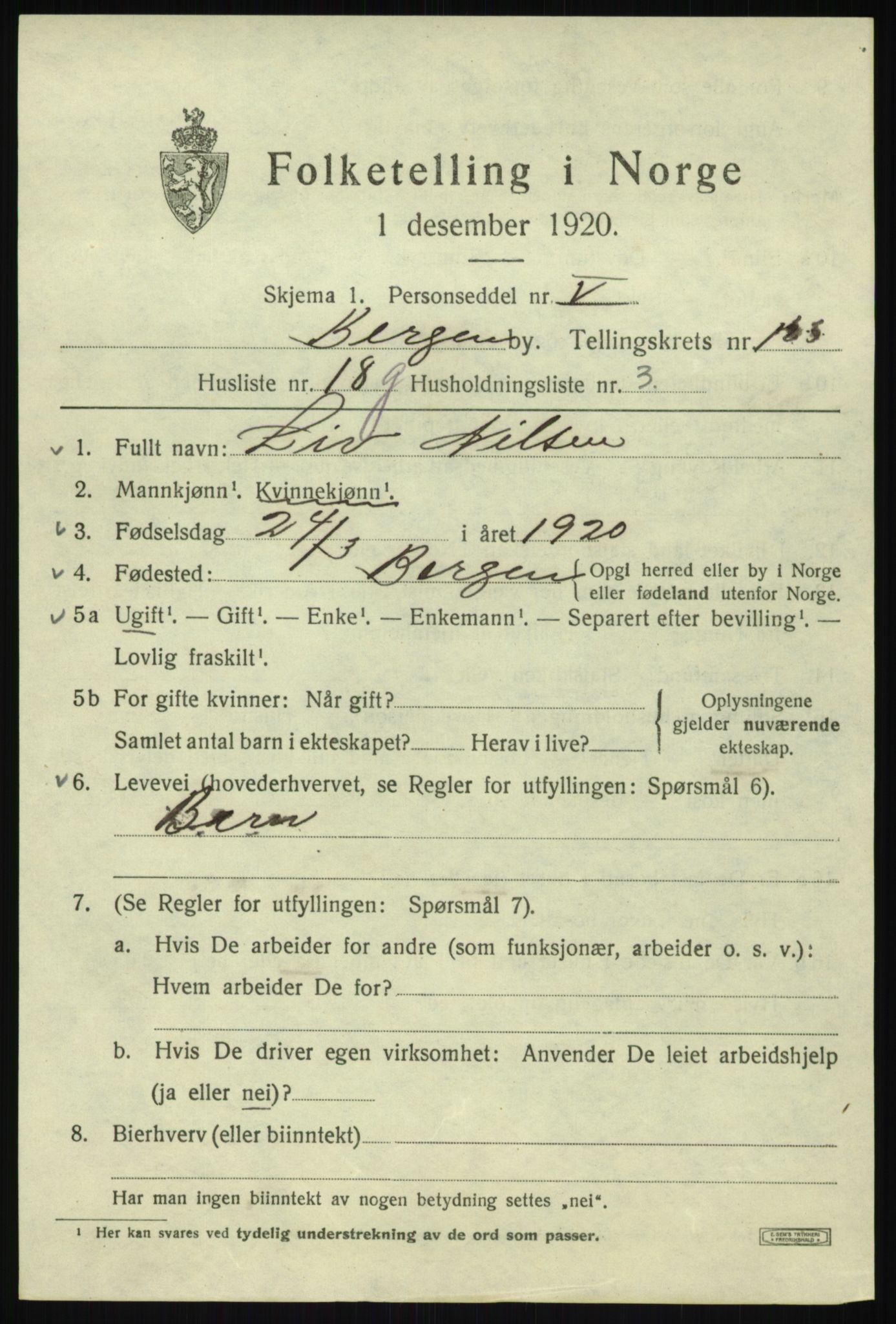 SAB, 1920 census for Bergen, 1920, p. 207904