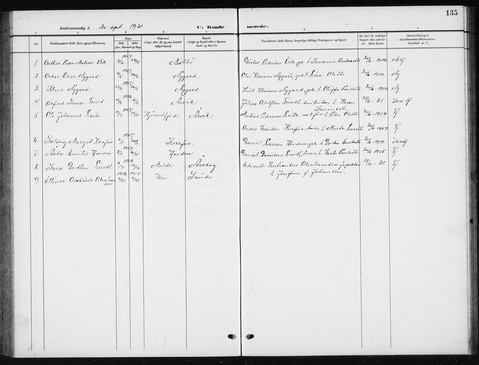 Ministerialprotokoller, klokkerbøker og fødselsregistre - Møre og Romsdal, AV/SAT-A-1454/504/L0061: Parish register (copy) no. 504C03, 1902-1940, p. 135