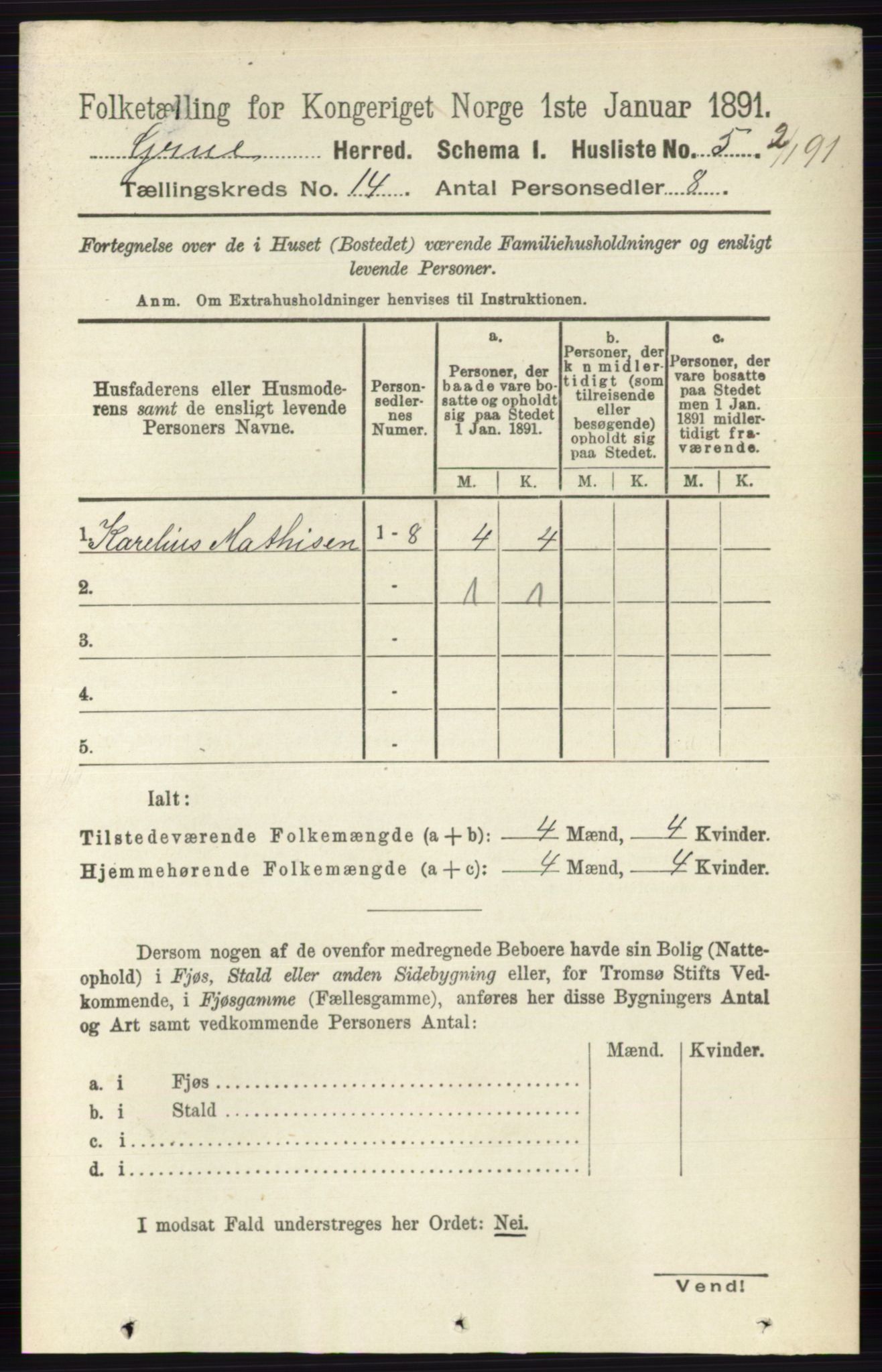 RA, 1891 census for 0423 Grue, 1891, p. 6989