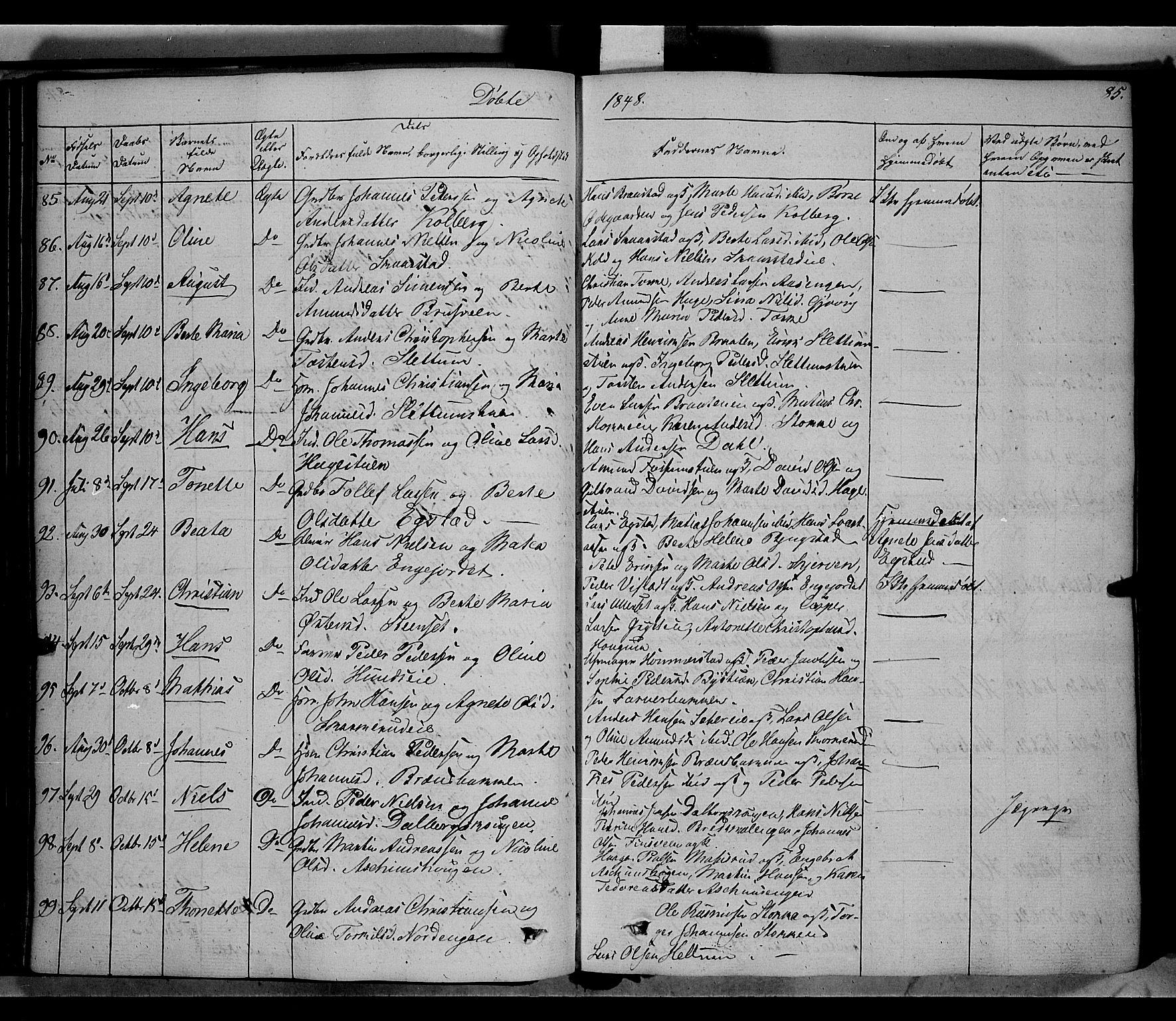 Vardal prestekontor, SAH/PREST-100/H/Ha/Haa/L0005: Parish register (official) no. 5, 1831-1853, p. 85