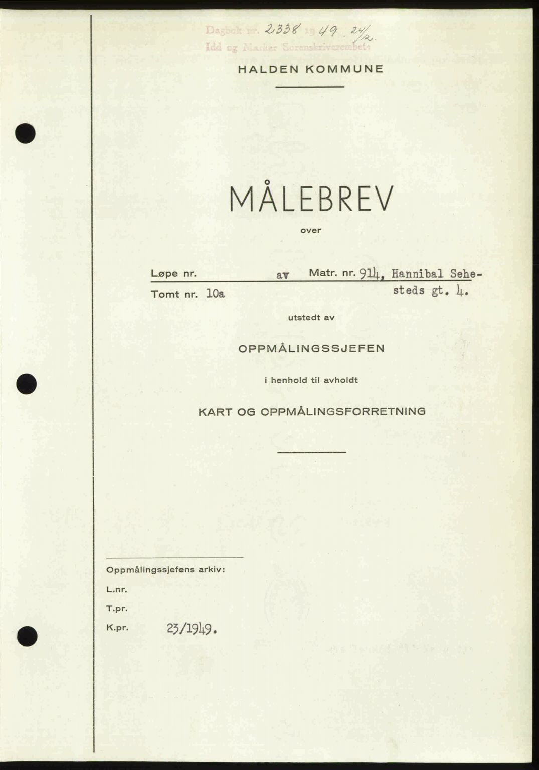 Idd og Marker sorenskriveri, AV/SAO-A-10283/G/Gb/Gbb/L0013: Mortgage book no. A13, 1949-1950, Diary no: : 2338/1949