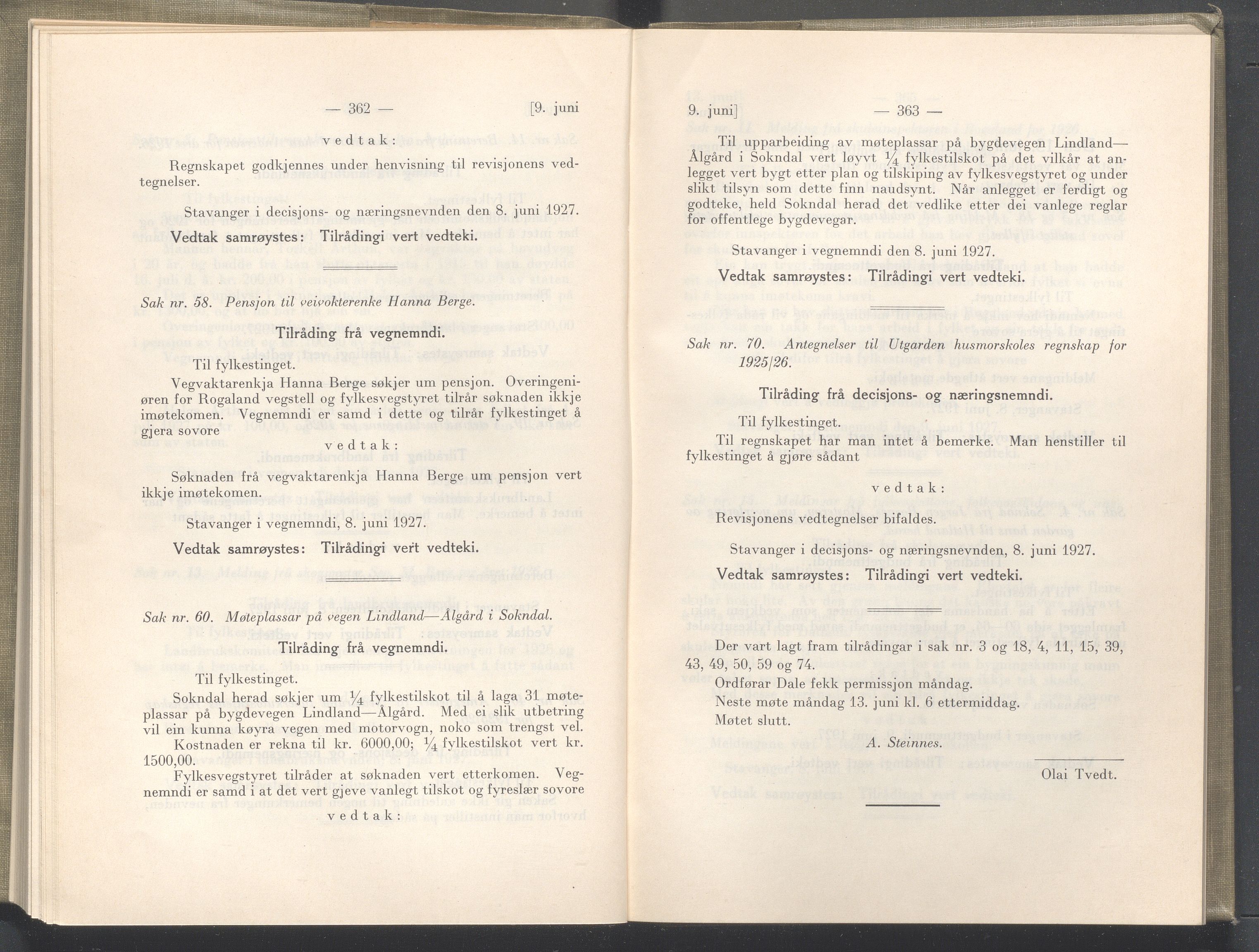 Rogaland fylkeskommune - Fylkesrådmannen , IKAR/A-900/A/Aa/Aaa/L0046: Møtebok , 1927, p. 362-363