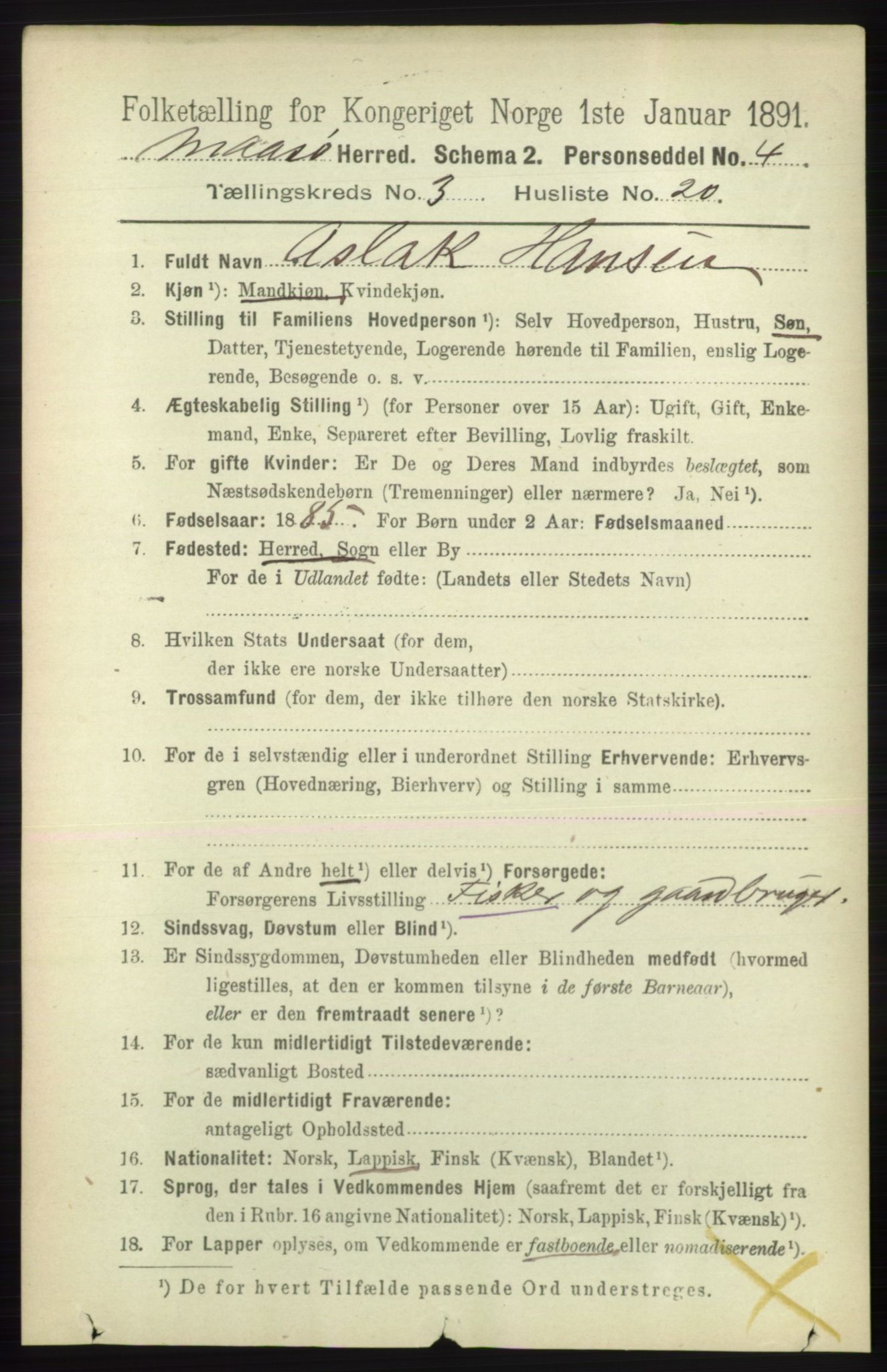 RA, 1891 census for 2018 Måsøy, 1891, p. 499