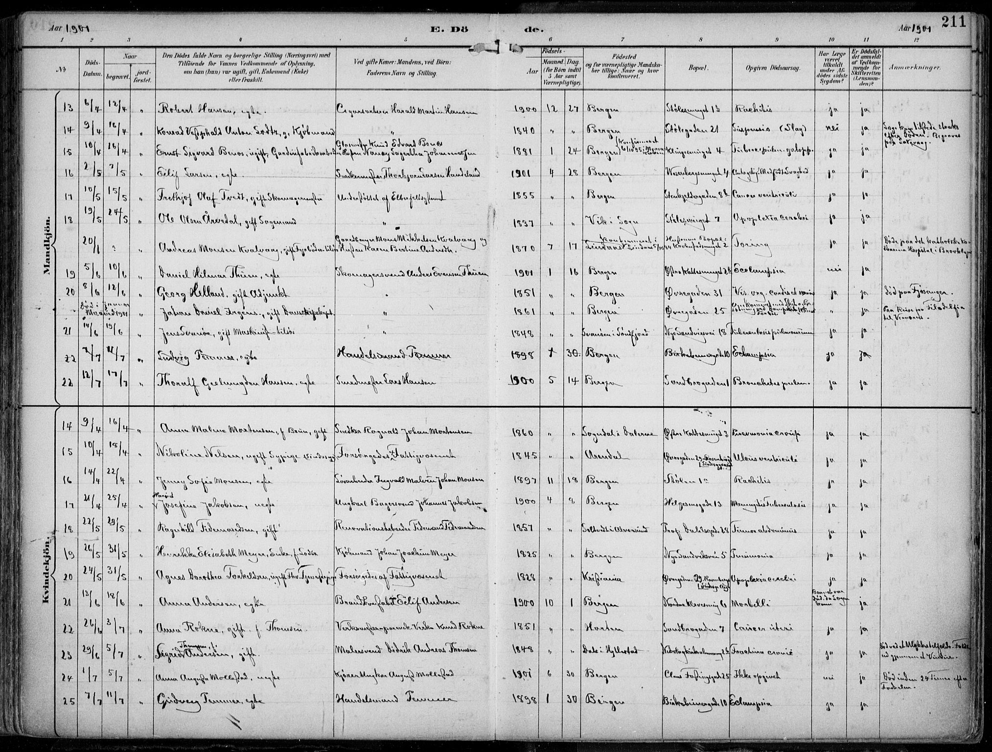 Mariakirken Sokneprestembete, SAB/A-76901/H/Hab/L0005: Parish register (copy) no. A 5, 1893-1913, p. 211