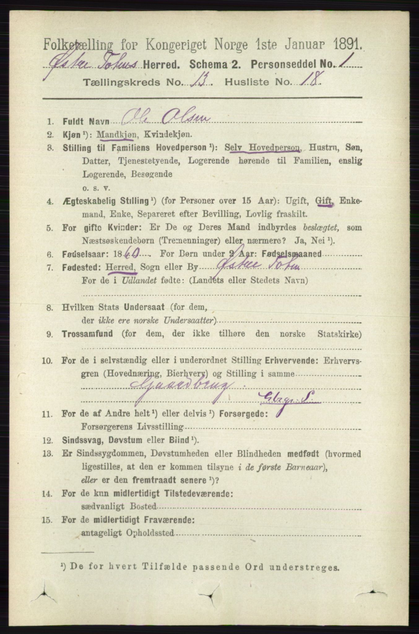 RA, 1891 census for 0528 Østre Toten, 1891, p. 8551