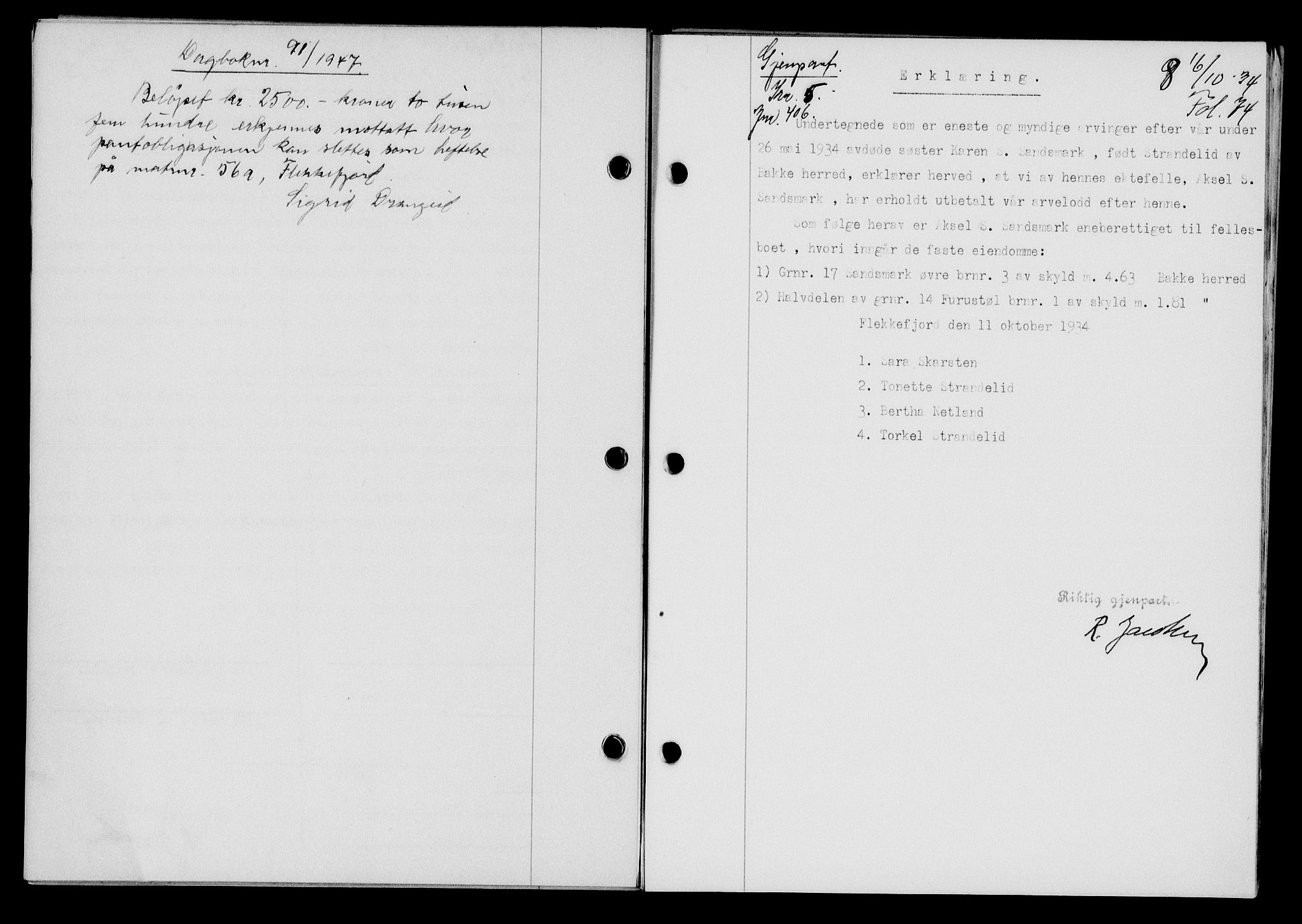 Flekkefjord sorenskriveri, AV/SAK-1221-0001/G/Gb/Gba/L0051: Mortgage book no. 47, 1934-1935, Deed date: 16.10.1934