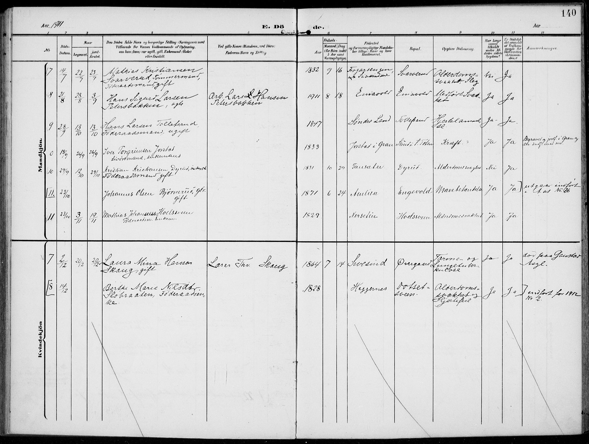 Kolbu prestekontor, SAH/PREST-110/H/Ha/Haa/L0001: Parish register (official) no. 1, 1907-1923, p. 140