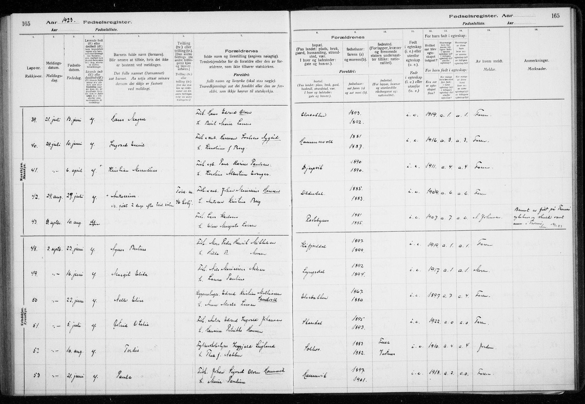 Lyngen sokneprestembete, AV/SATØ-S-1289/I/Ia/L0075: Birth register no. 75, 1916-1924, p. 165