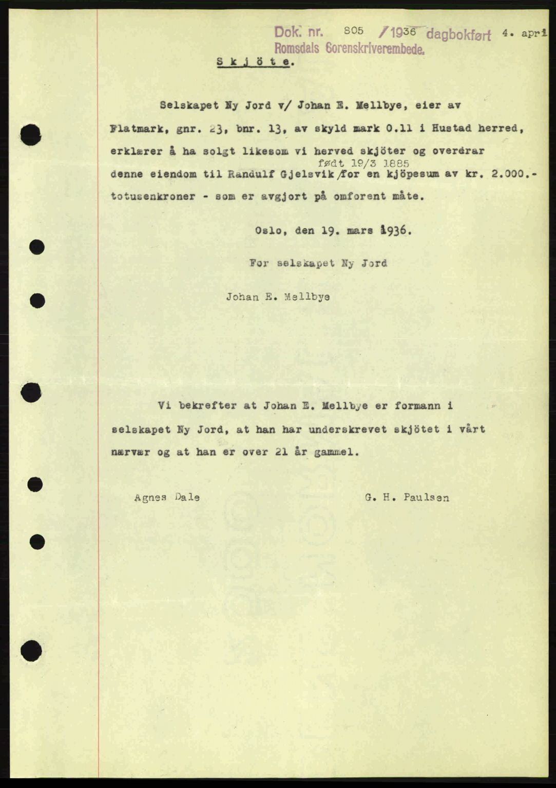 Romsdal sorenskriveri, AV/SAT-A-4149/1/2/2C: Mortgage book no. A1, 1936-1936, Diary no: : 805/1936