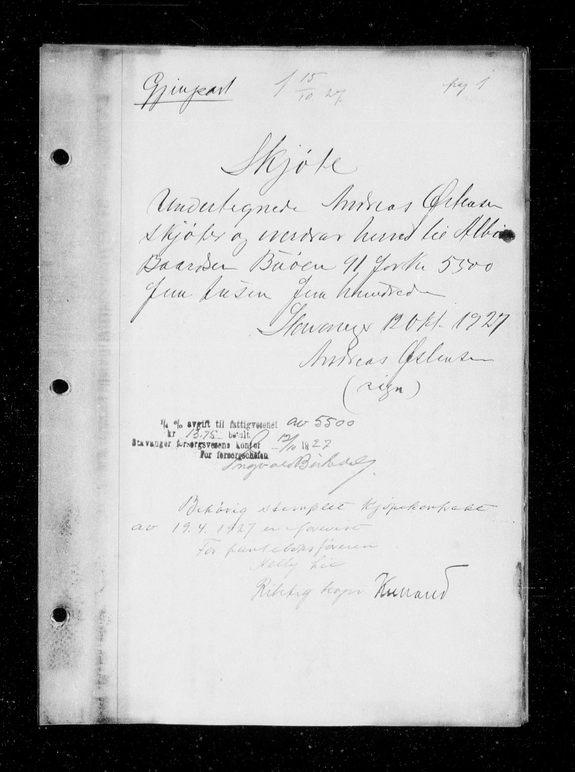 Stavanger byfogd, SAST/A-101408/001/4/41/410/410BB/L0053: Mortgage book no. 41, 1927-1928, Deed date: 15.10.1927
