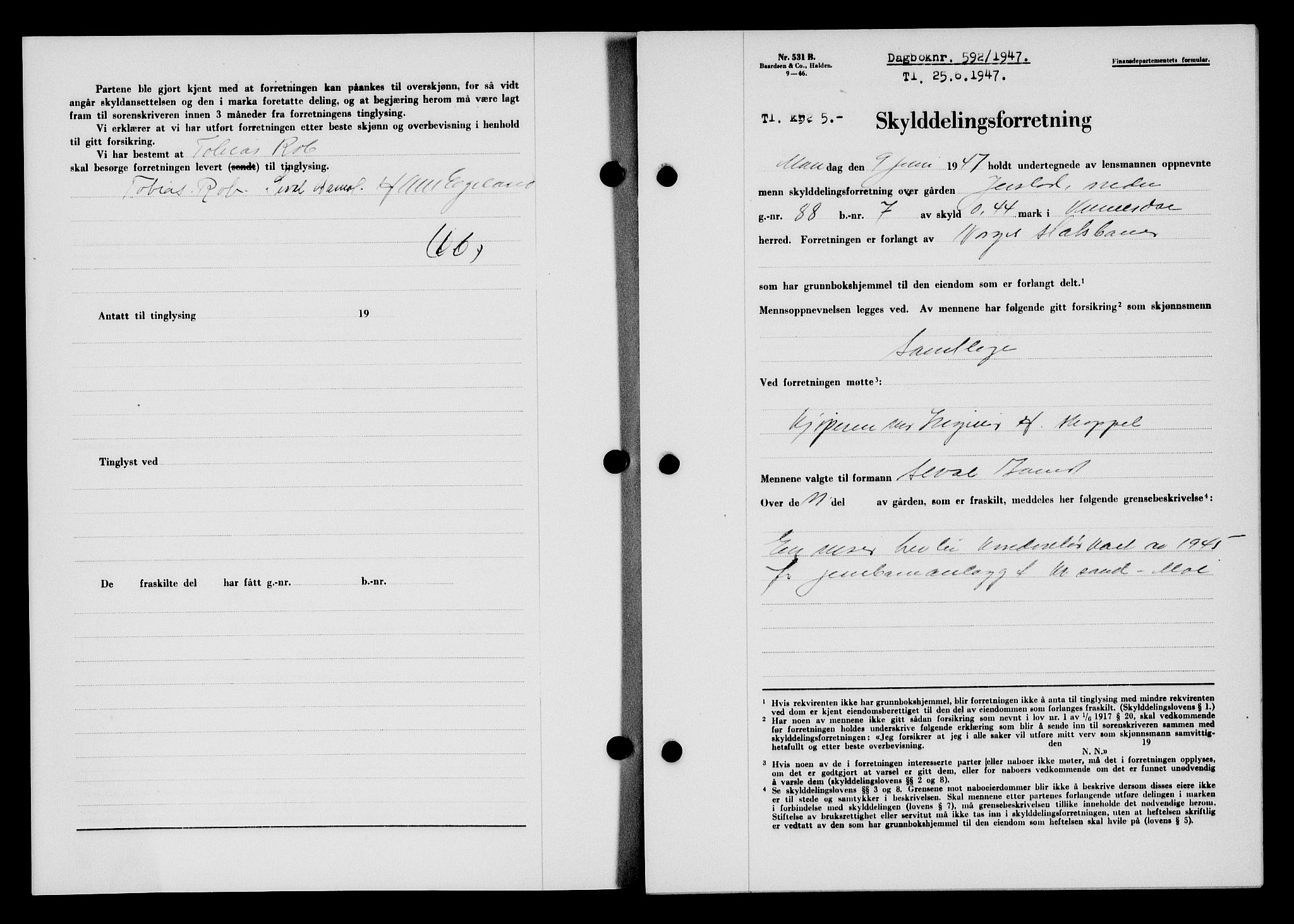 Flekkefjord sorenskriveri, SAK/1221-0001/G/Gb/Gba/L0062: Mortgage book no. A-10, 1947-1947, Diary no: : 592/1947