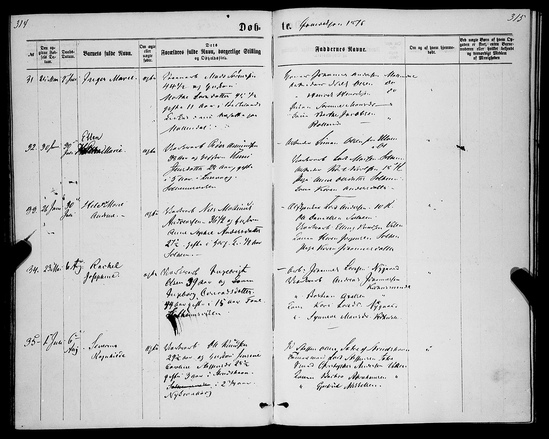 St. Jørgens hospital og Årstad sokneprestembete, AV/SAB-A-99934: Parish register (official) no. A 6, 1870-1878, p. 314-315