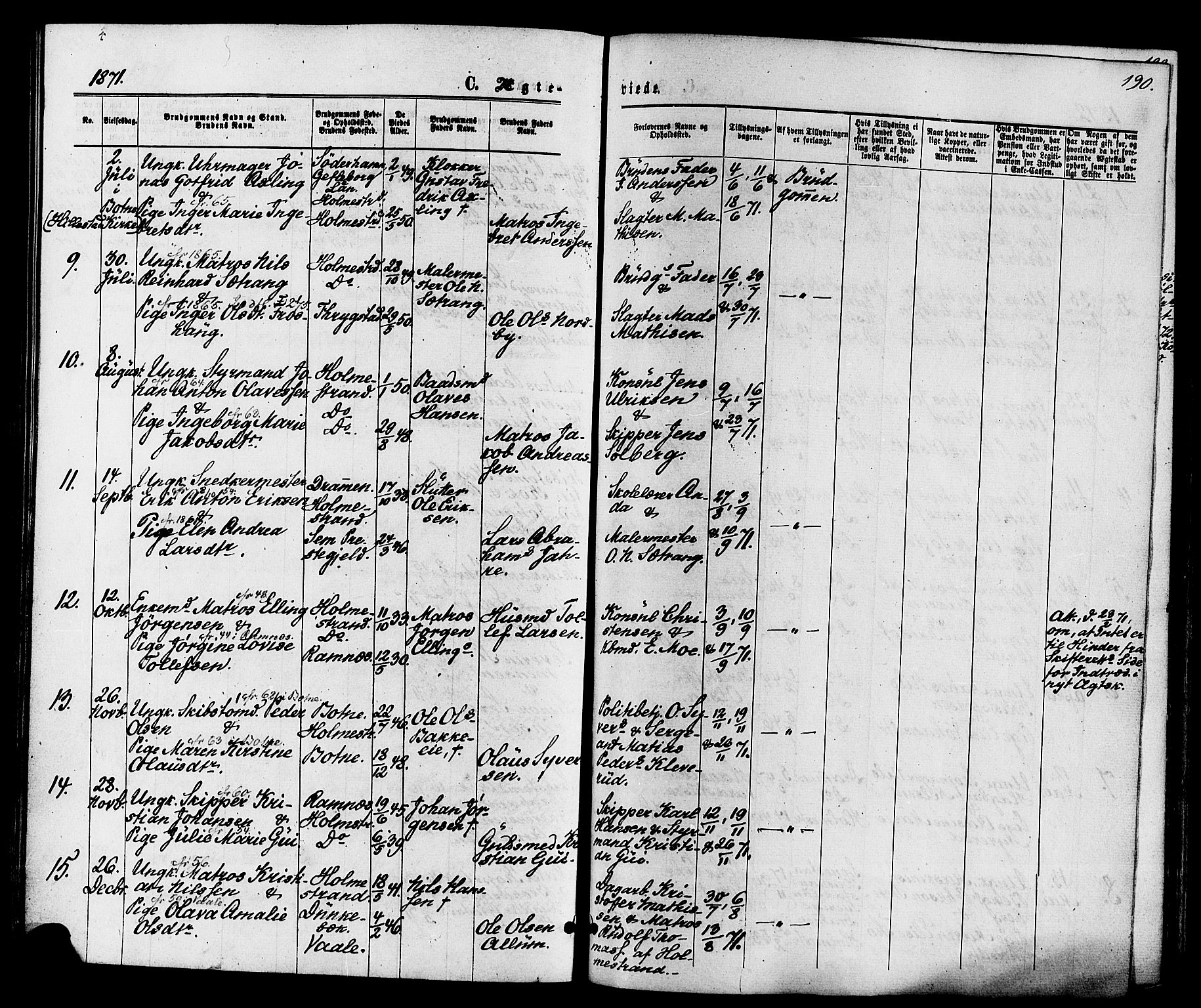 Holmestrand kirkebøker, AV/SAKO-A-346/F/Fa/L0003: Parish register (official) no. 3, 1867-1879, p. 190