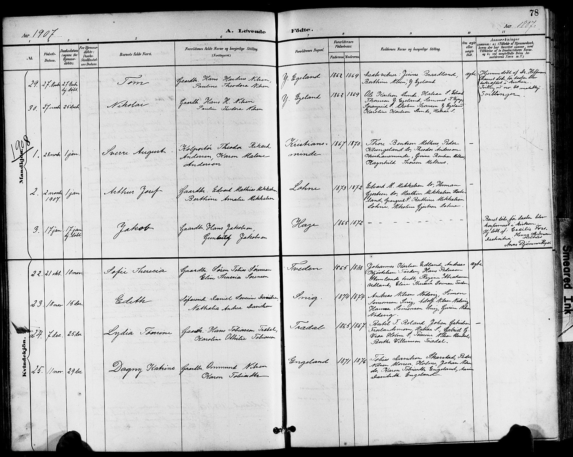 Sør-Audnedal sokneprestkontor, AV/SAK-1111-0039/F/Fb/Fbb/L0006: Parish register (copy) no. B 6, 1893-1915, p. 78