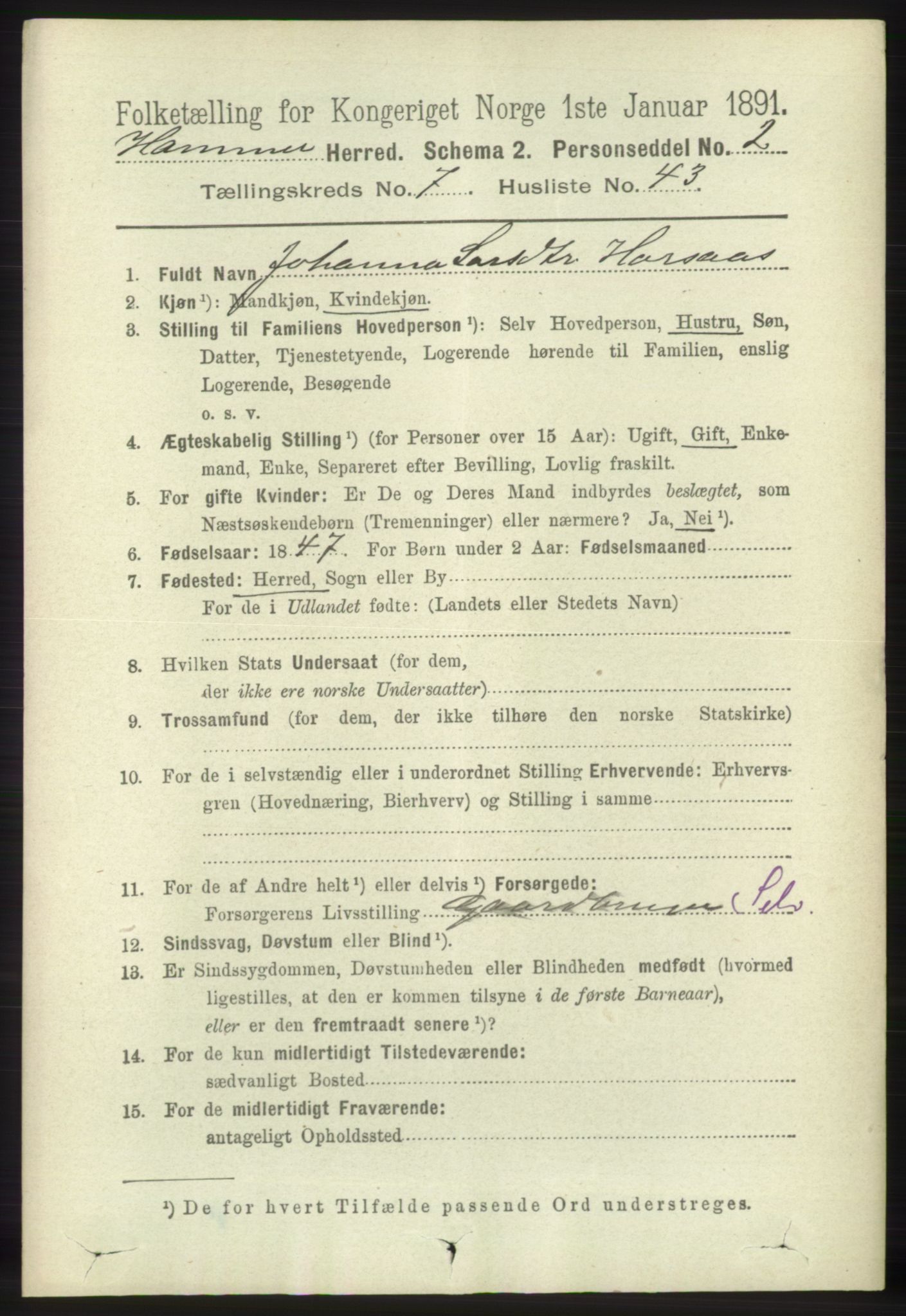 RA, 1891 census for 1254 Hamre, 1891, p. 1957