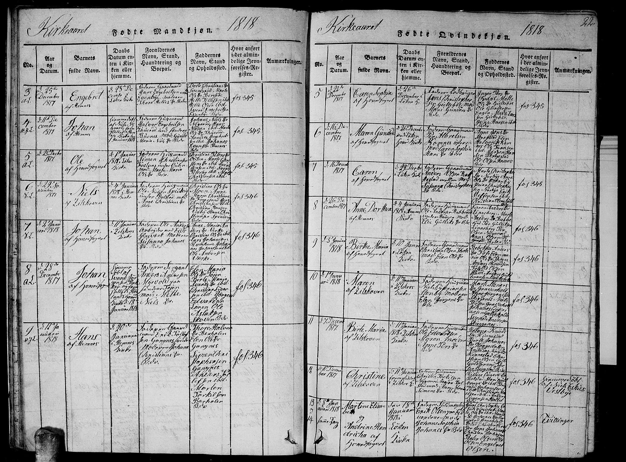 Høland prestekontor Kirkebøker, AV/SAO-A-10346a/G/Ga/L0001: Parish register (copy) no. I 1, 1814-1827, p. 22