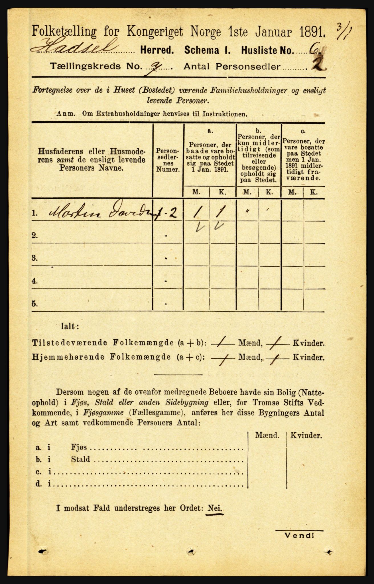 RA, 1891 census for 1866 Hadsel, 1891, p. 3066