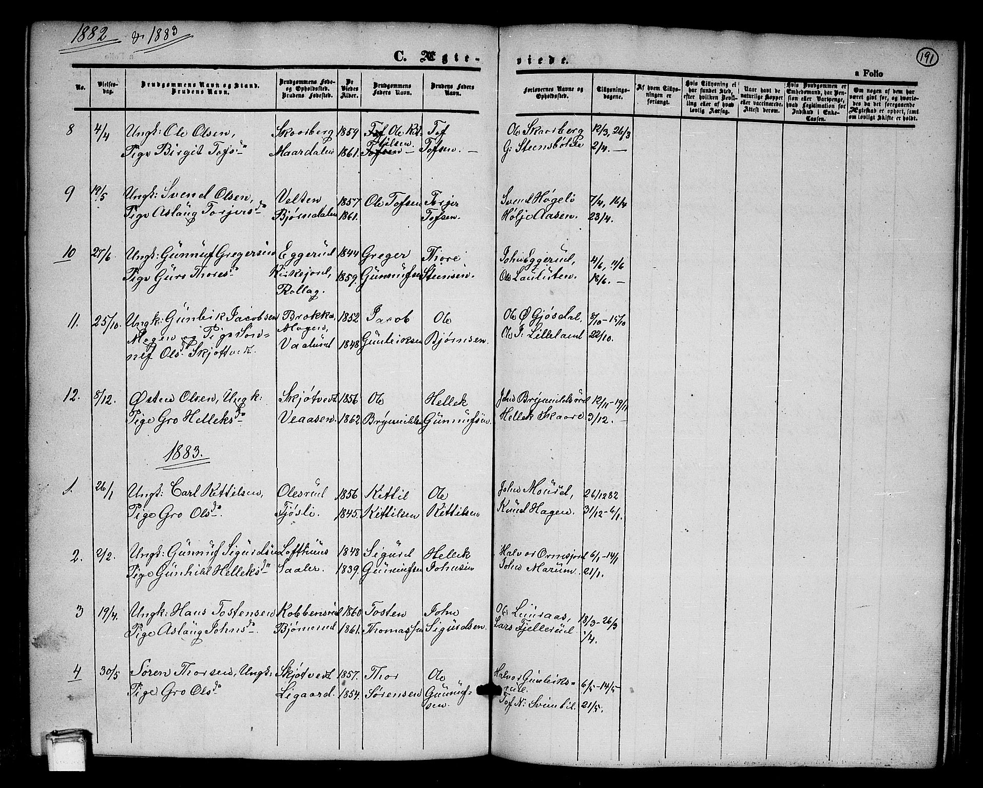Tinn kirkebøker, SAKO/A-308/G/Ga/L0002: Parish register (copy) no. I 2, 1851-1883, p. 191