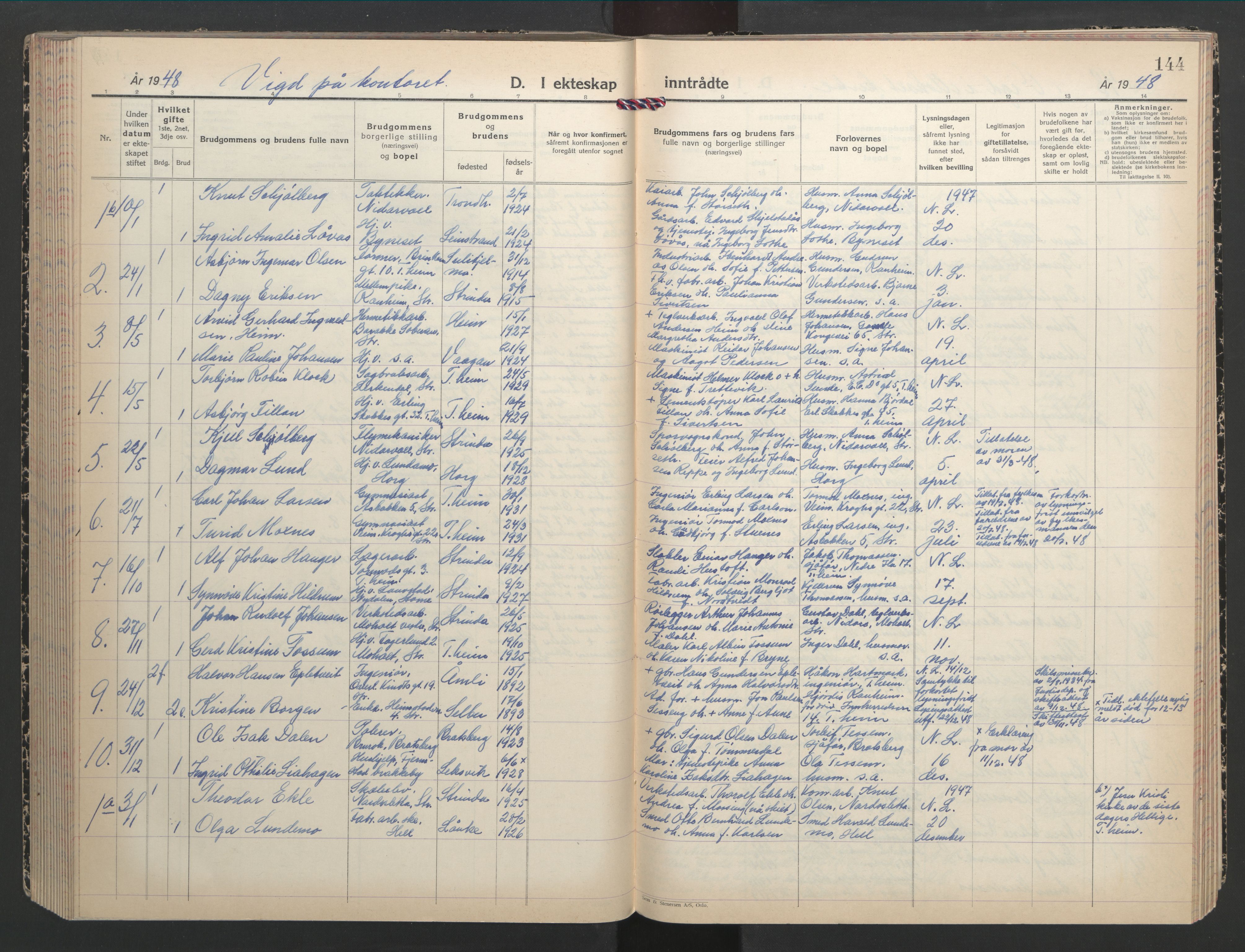 Ministerialprotokoller, klokkerbøker og fødselsregistre - Sør-Trøndelag, AV/SAT-A-1456/607/L0328: Parish register (copy) no. 607C02, 1940-1948, p. 144